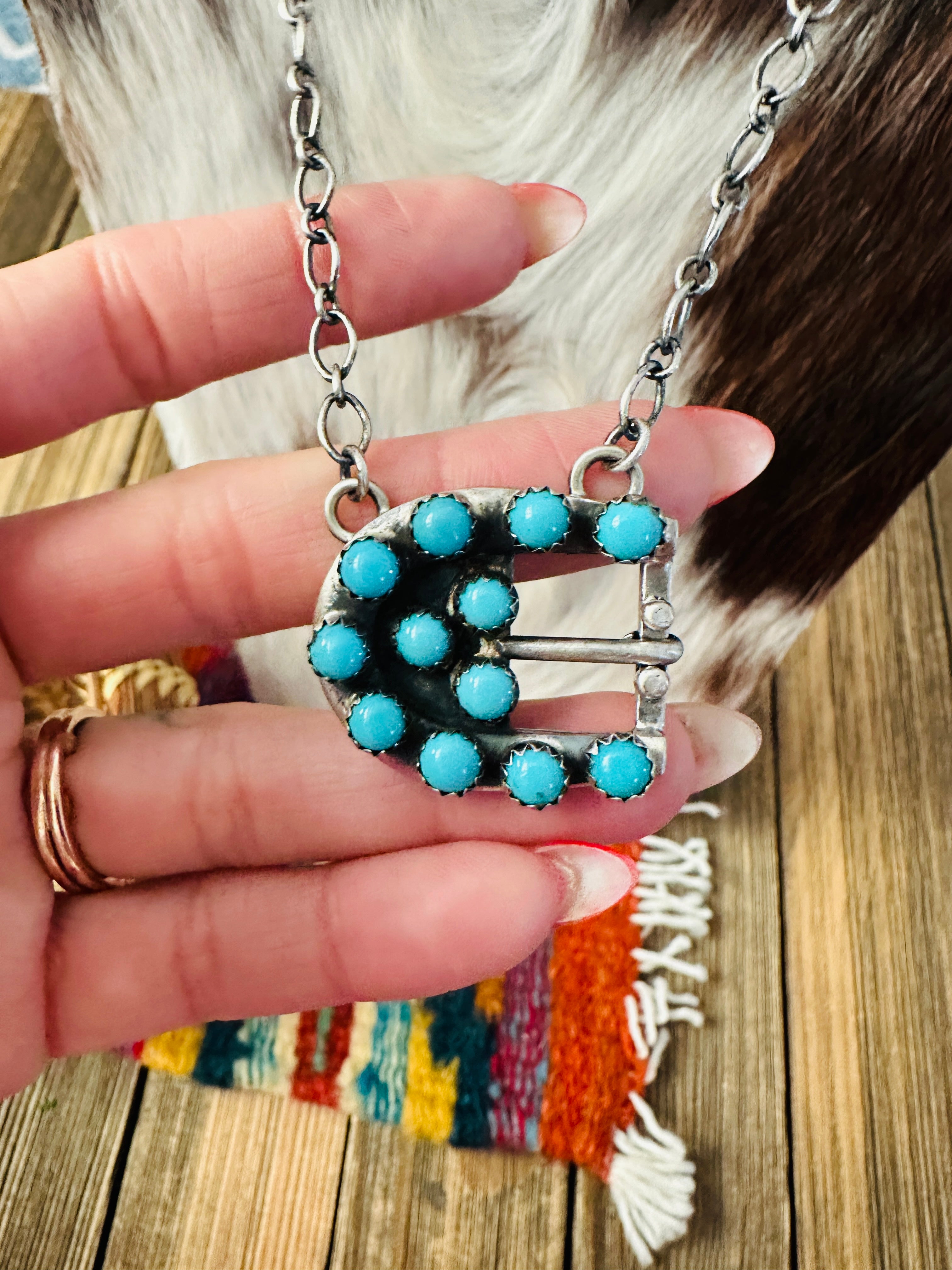 Handcrafted Turquoise & Sterling Silver Belt Buckle Necklace by Russell Sam