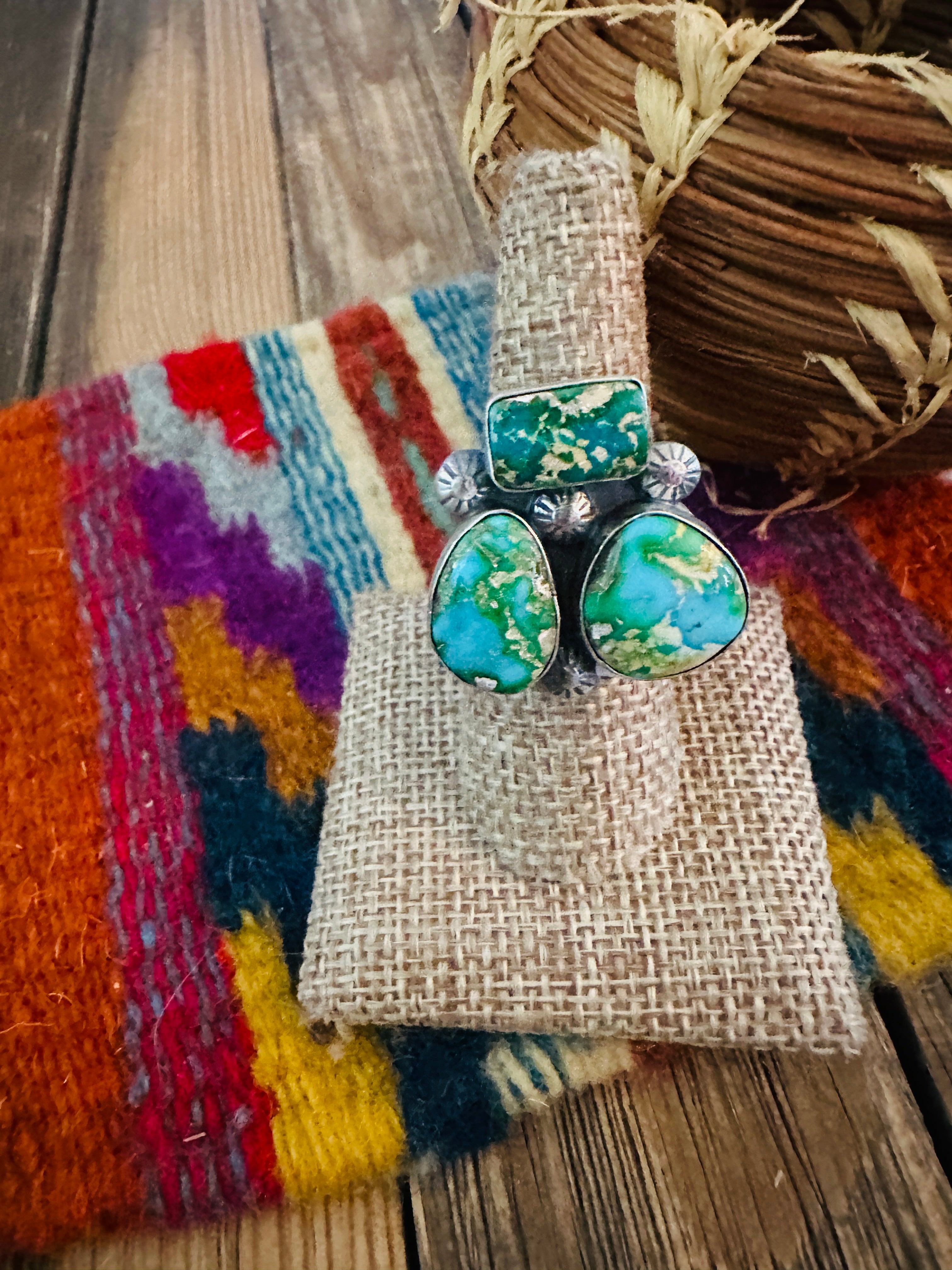 Handcrafted Sonoran Mountain Turquoise & Sterling Silver Adjustable Cluster Ring