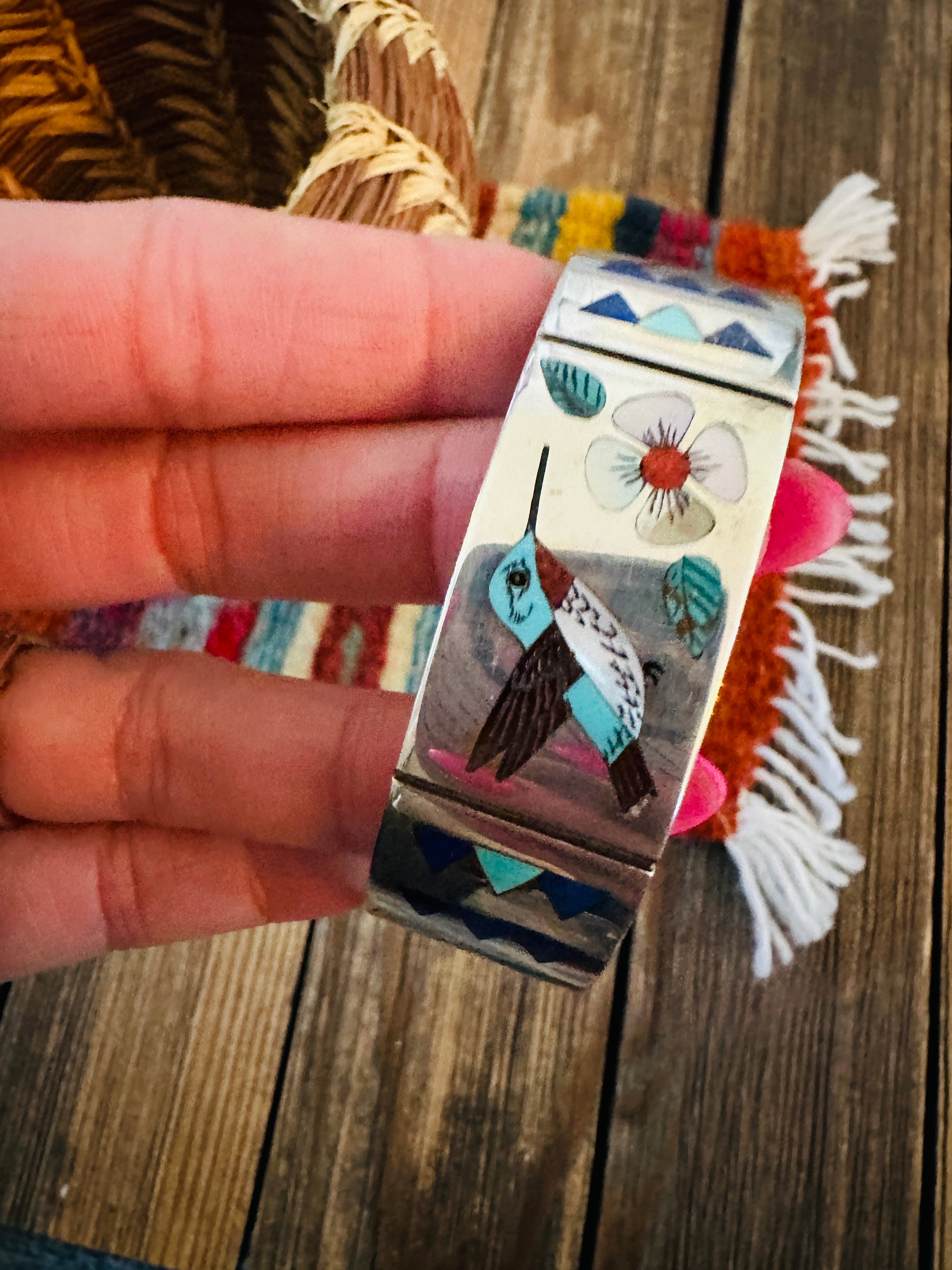 Handcrafted Sterling Silver & Multi Stone Inlay Hummingbird Cuff Bracelet by R.N. Laconsello