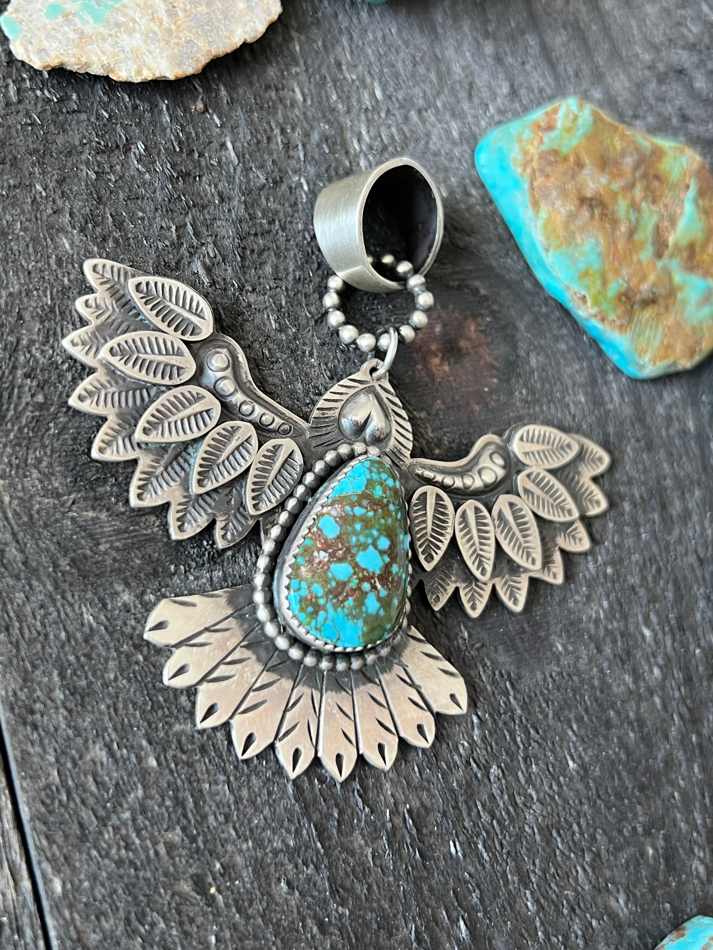 Handcrafted Sterling Silver and Polychrome Kingman Turquoise Eagle Pendant by Derrick Cadman