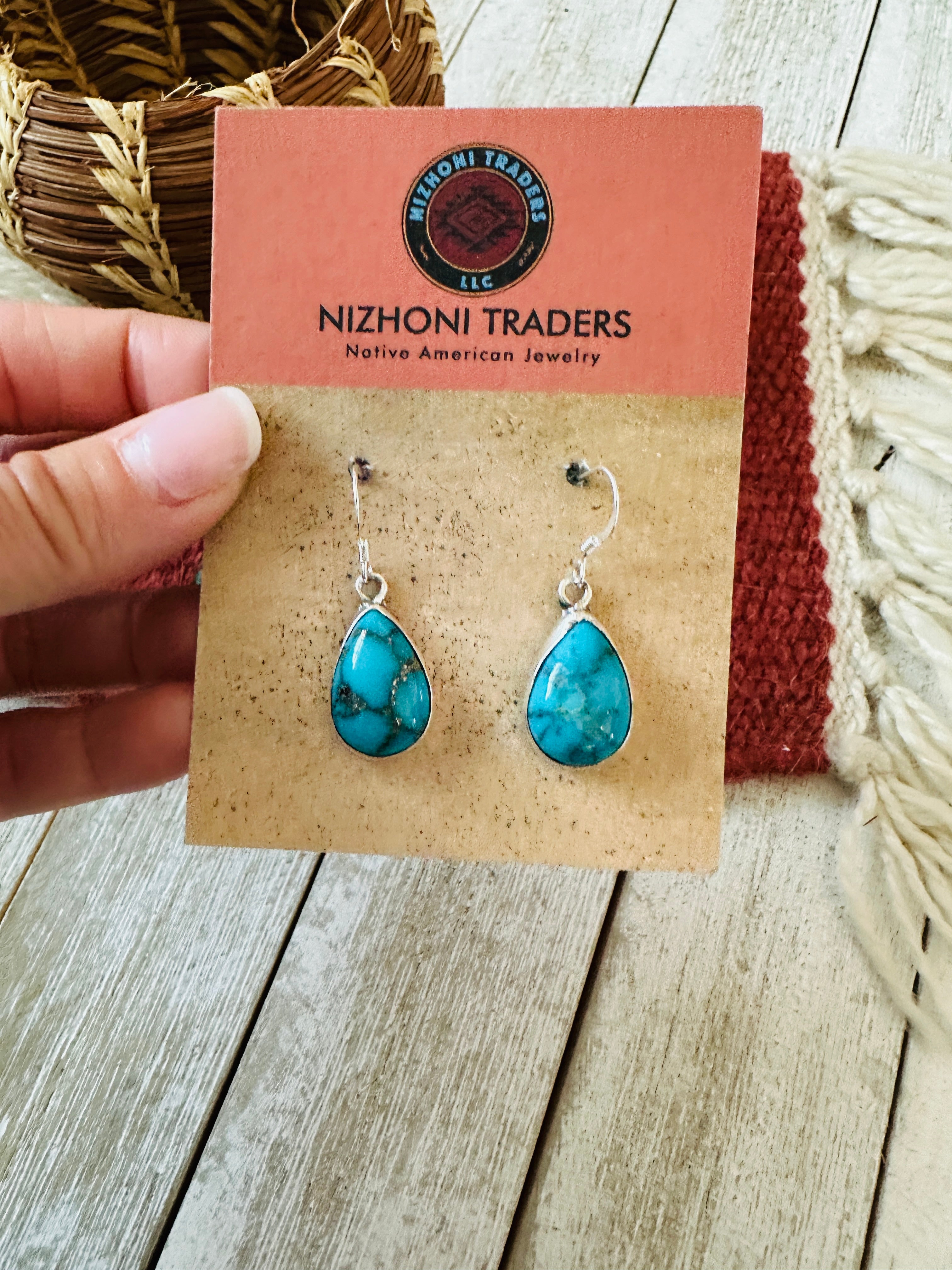 Navajo Turquoise & Sterling Silver Teardrop Dangle Earrings