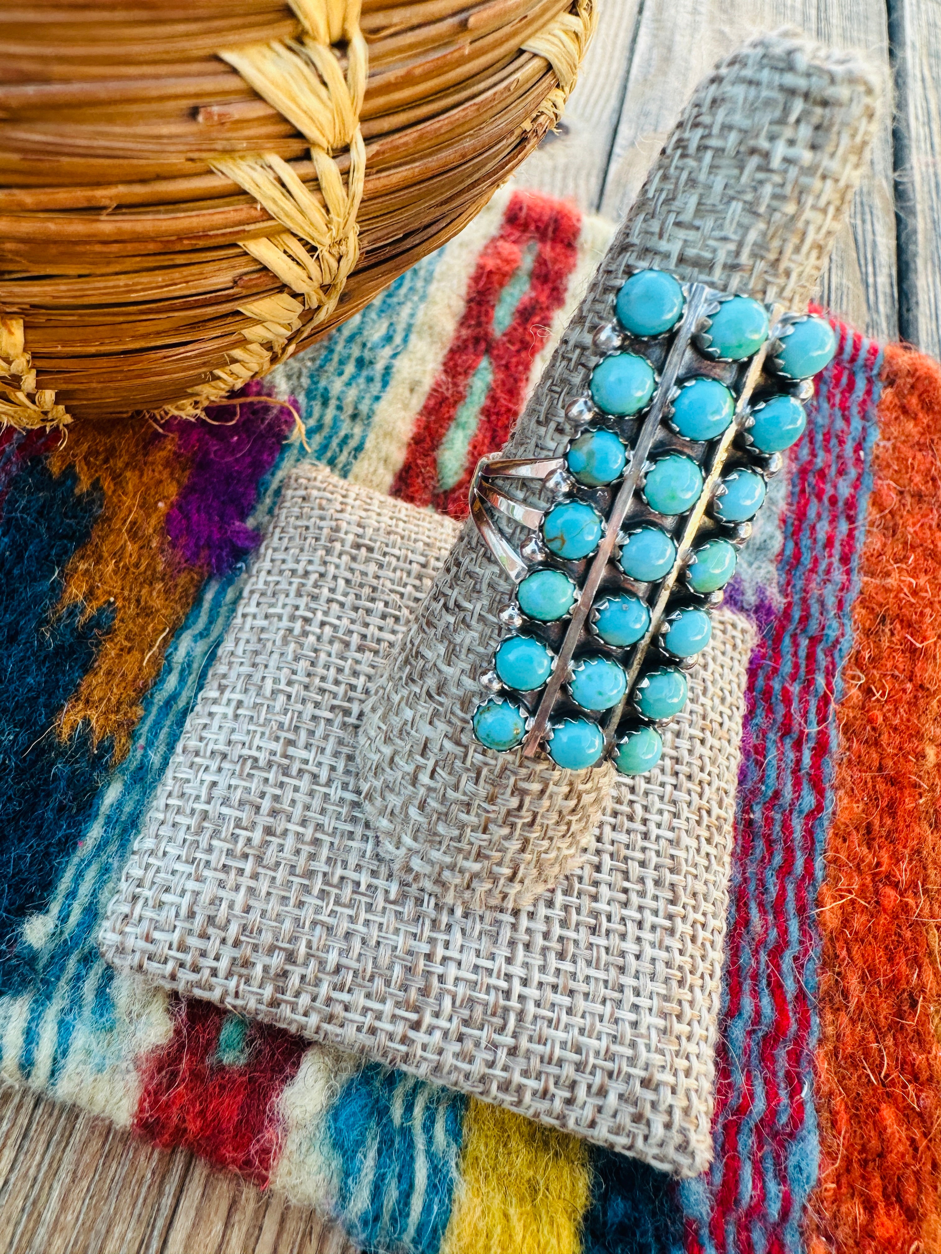 Handcrafted Turquoise & Sterling Silver Cluster Ring Size 7.75