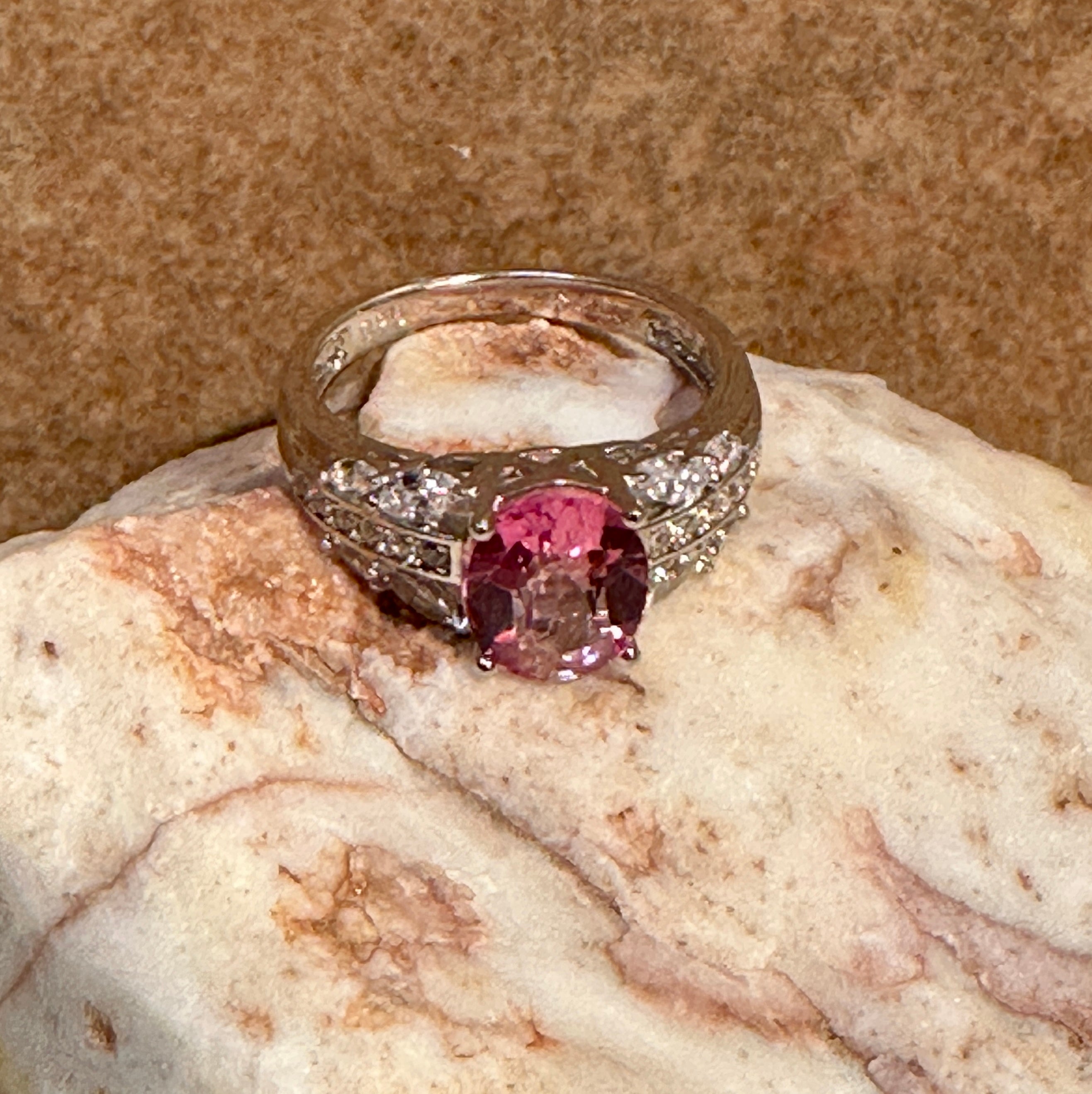 Pink Topaz & CZ Oval Shape Sterling Silver Ring Size 6