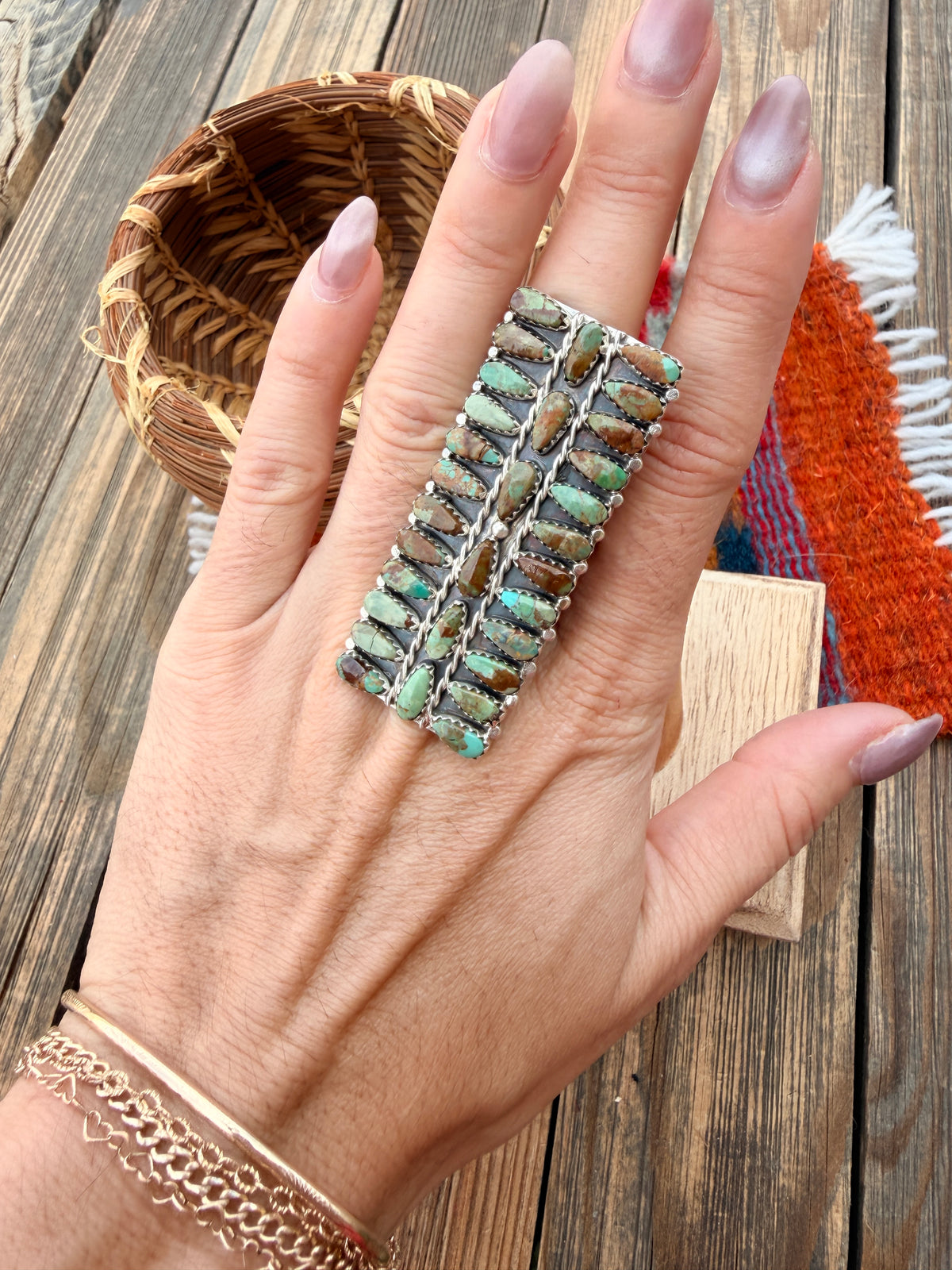 Handcrafted Turquoise & Sterling Silver Cluster Ring Size 10