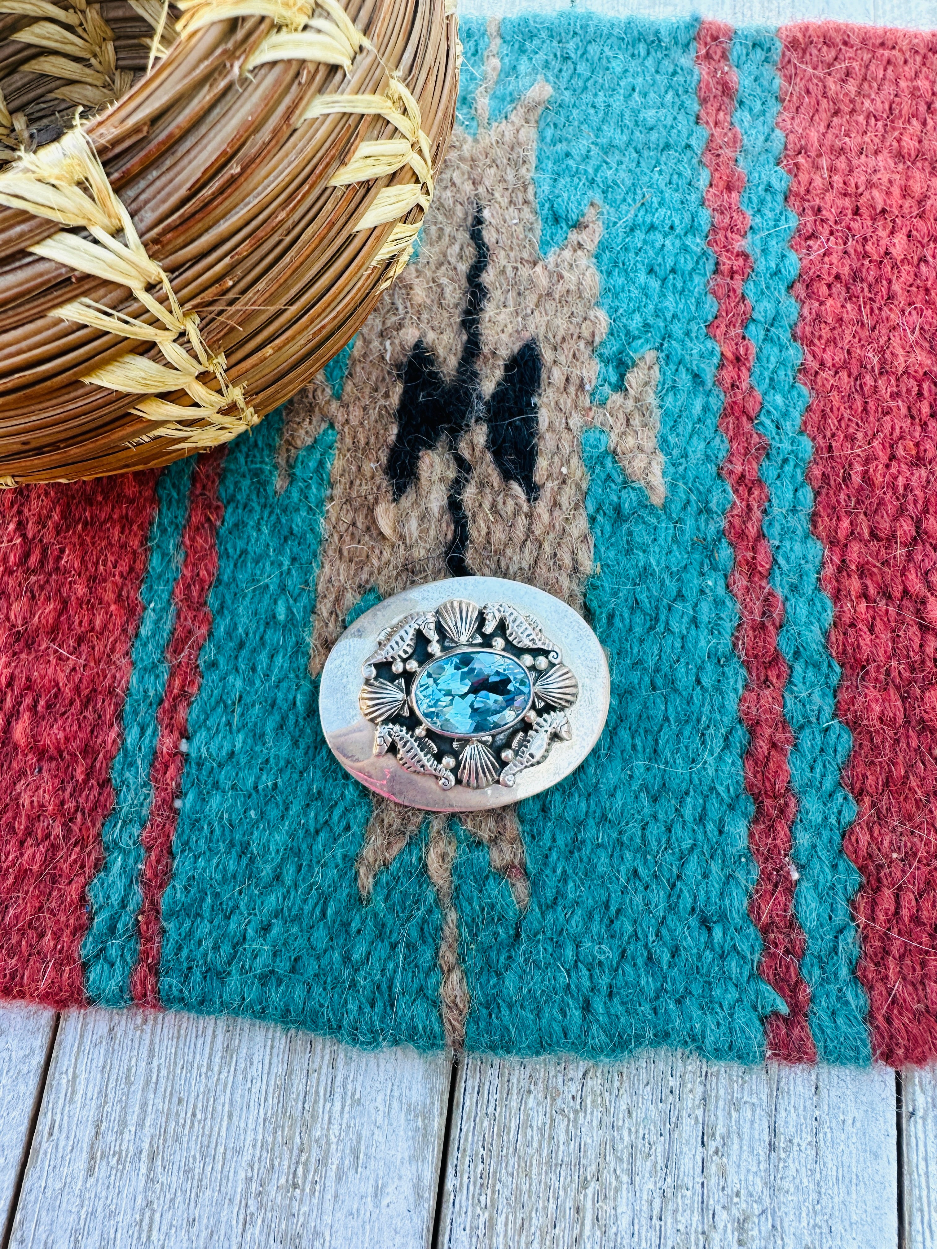 Handcrafted Old Pawn Sterling Silver & Topaz Seahorse Brooch