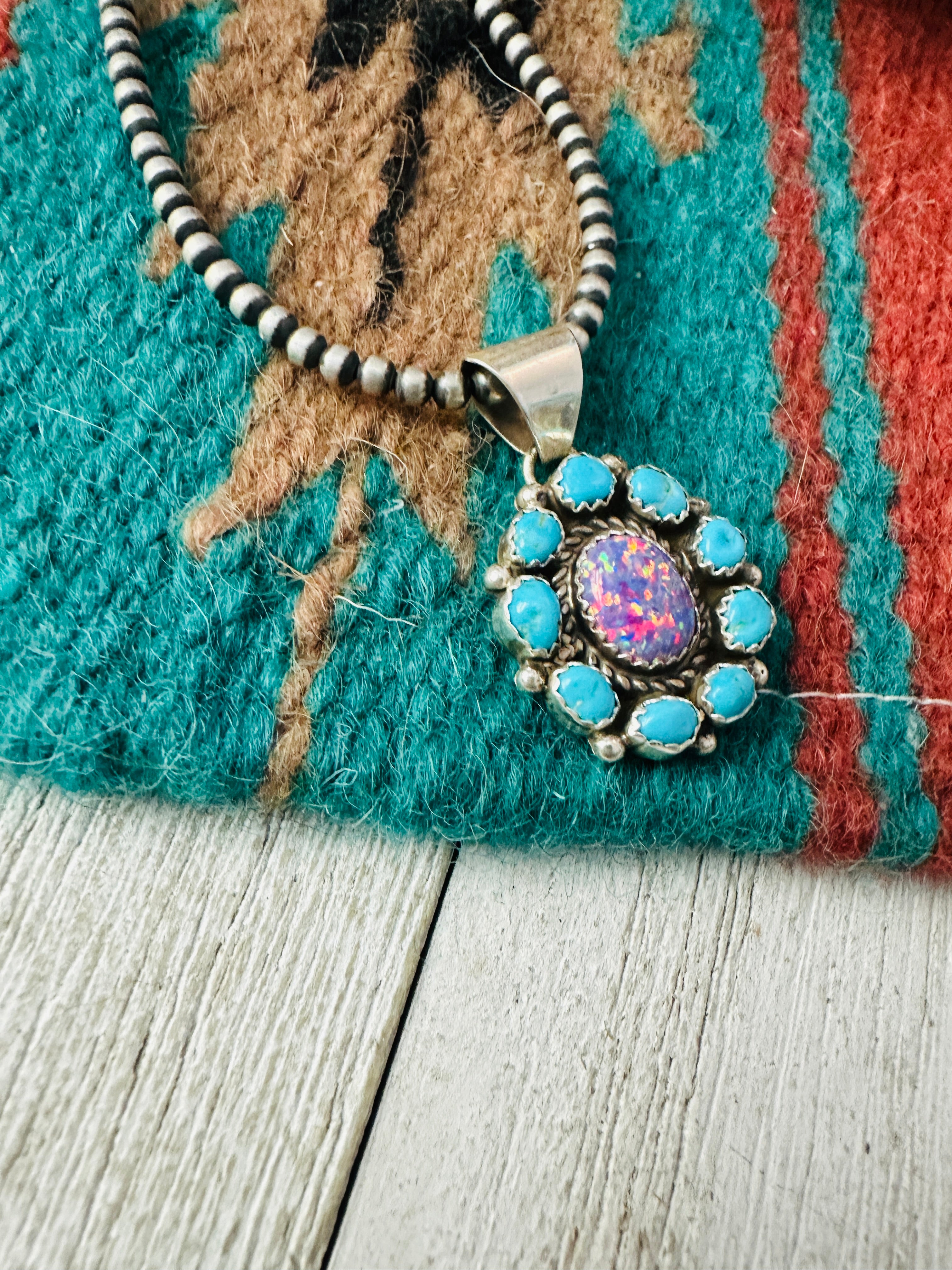 Handcrafted Turquoise, Opal & Sterling Silver Cluster Pendant