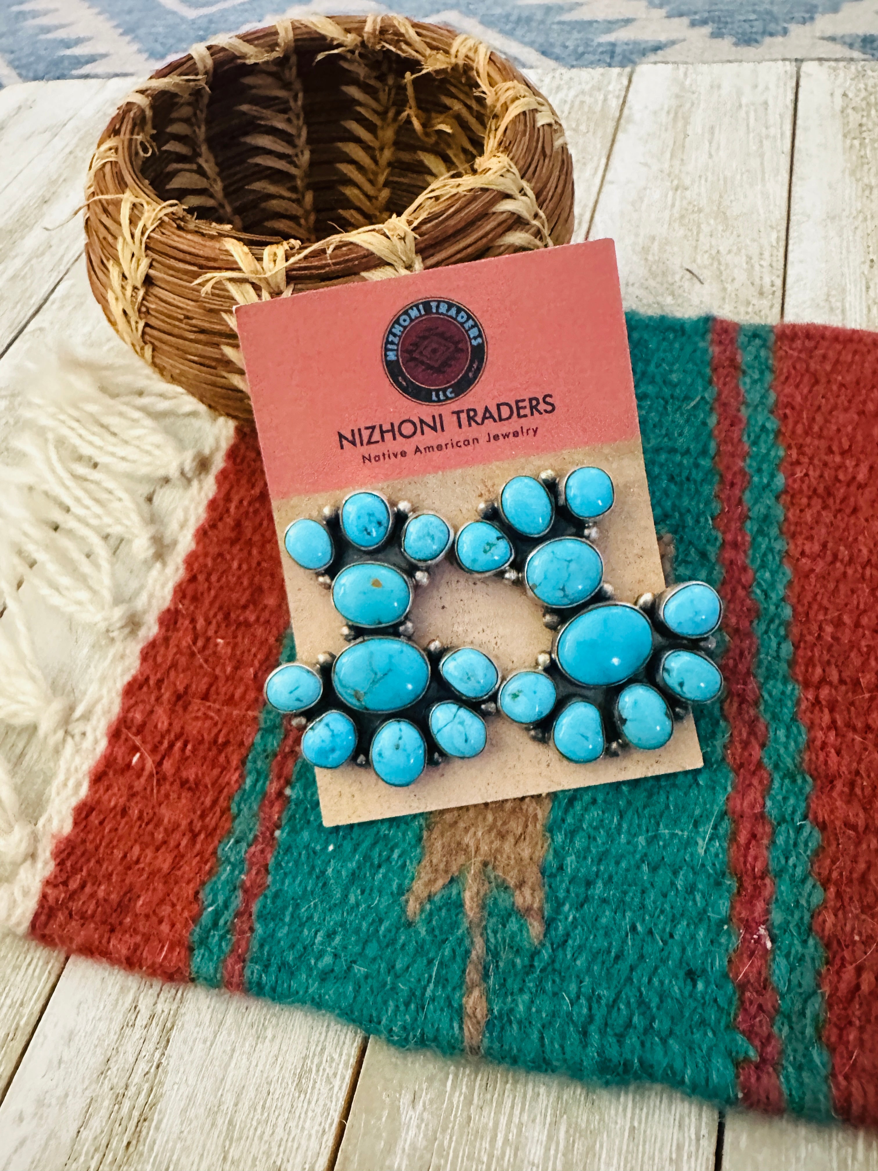 Handcrafted Turquoise And Sterling Silver Cluster Dangle Earrings by Sheila Becenti