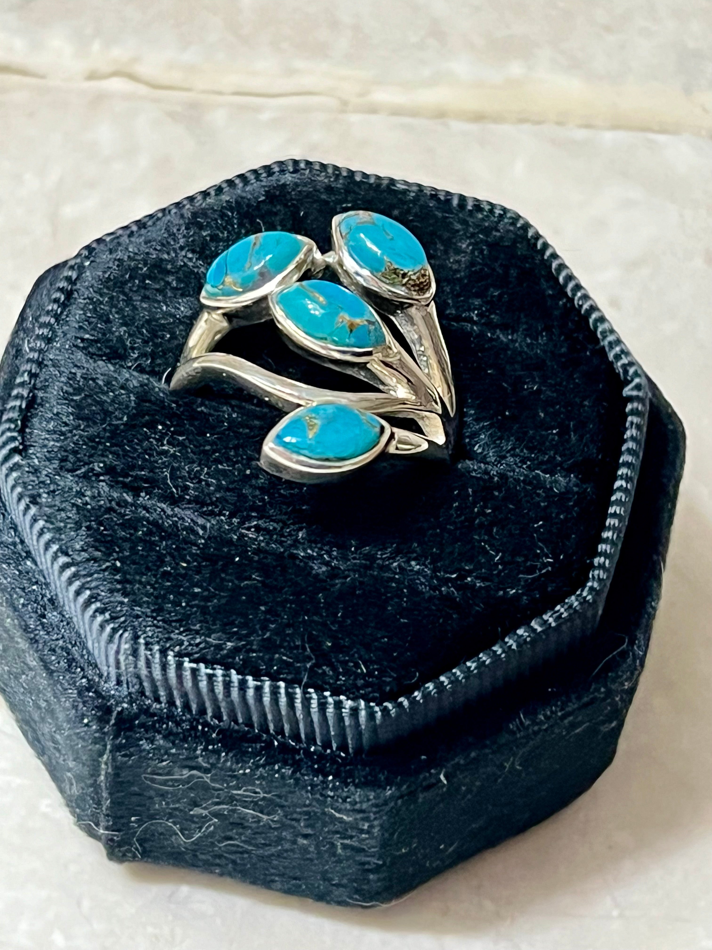 Four Stone Blue Copper Turquoise Sterling Silver Ring Size 8