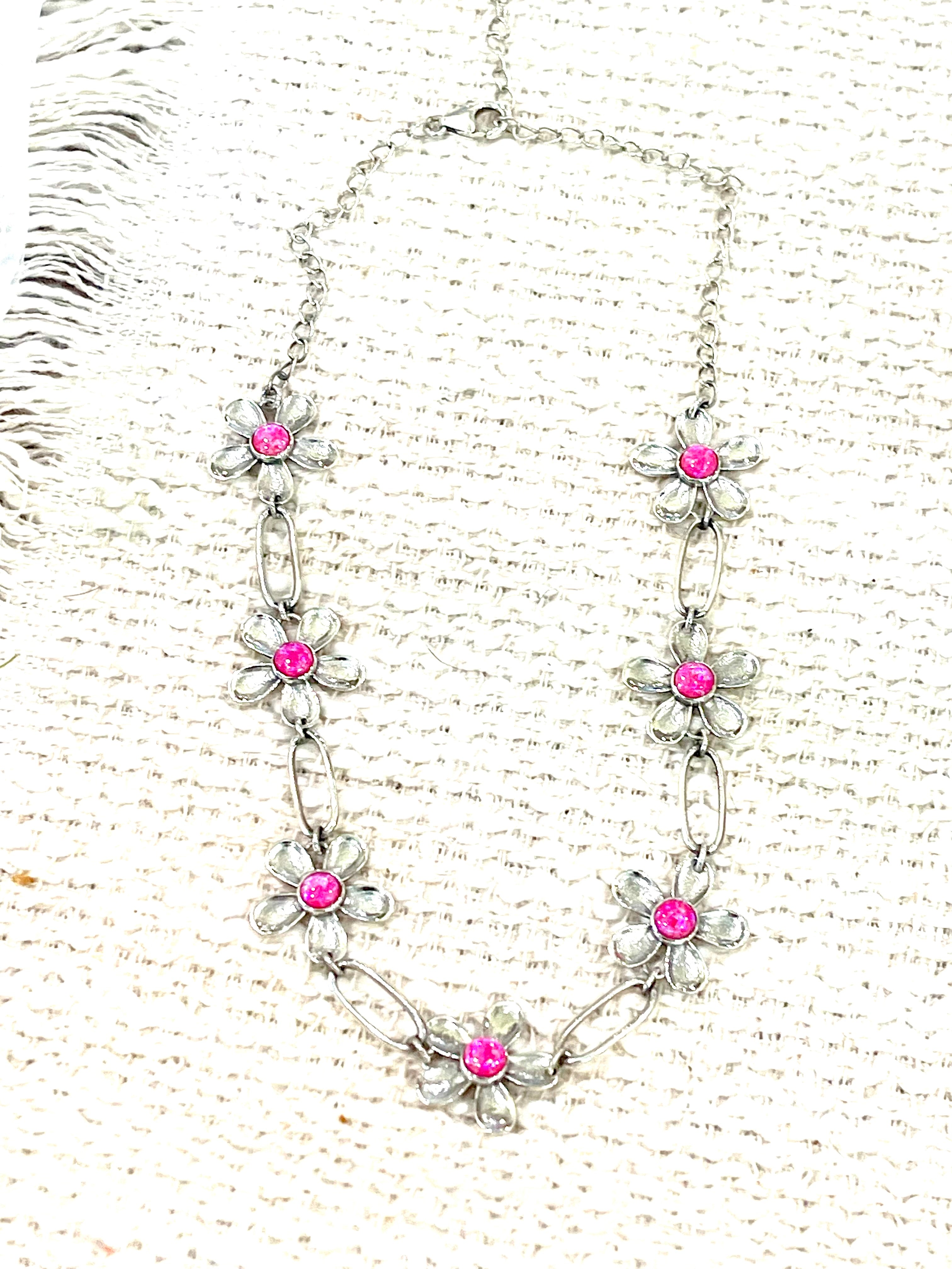 DAISY Handcrafted Sterling Silver & Pink Fire Opal Flower Necklace