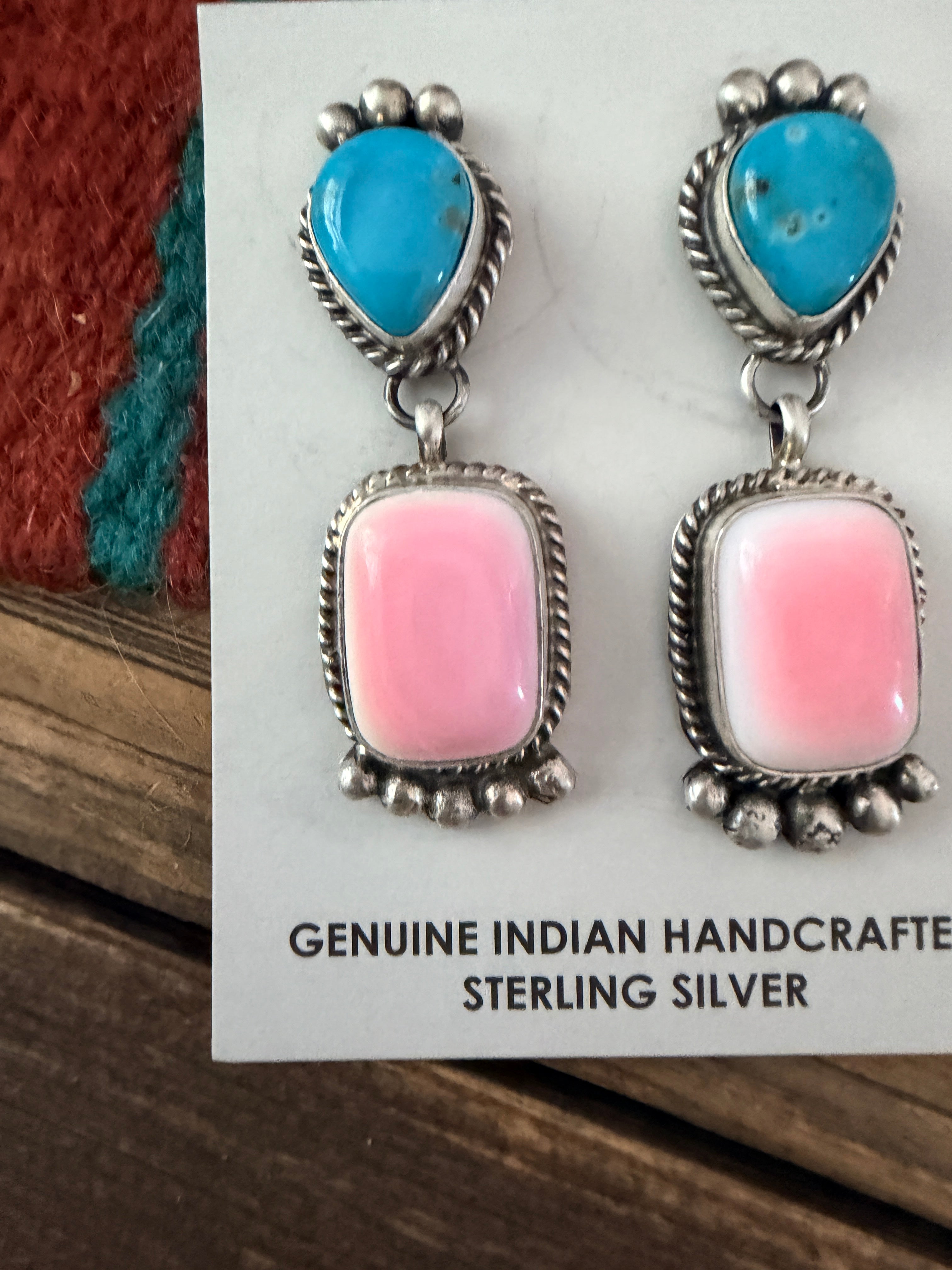 Handcrafted Sterling Silver, Turquoise & Queen Pink Conch Dangle Earrings by Vicky Hicks