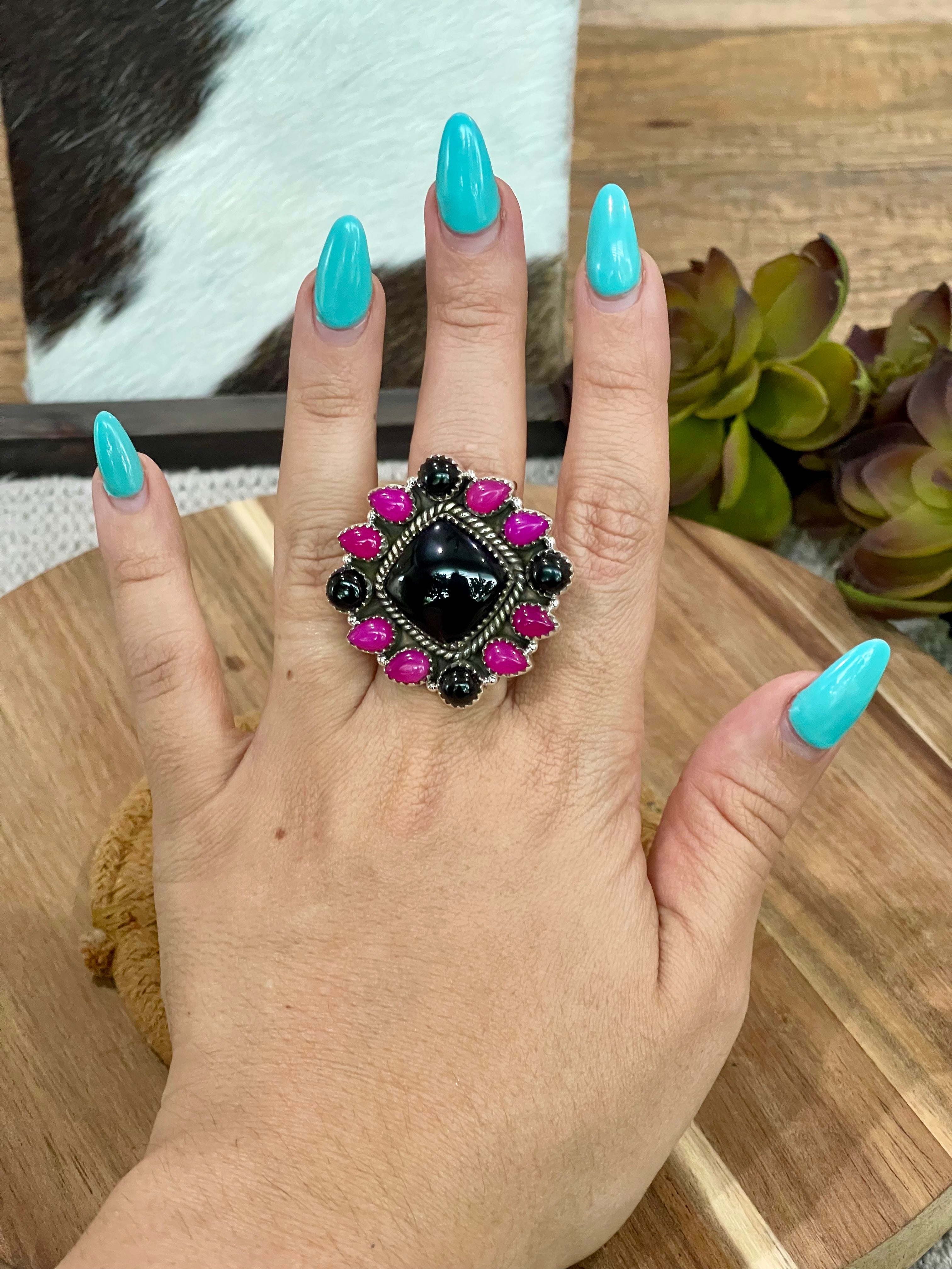 Handmade Sterling Silver, Onyx & Pink Onyx Cluster Adjustable Ring