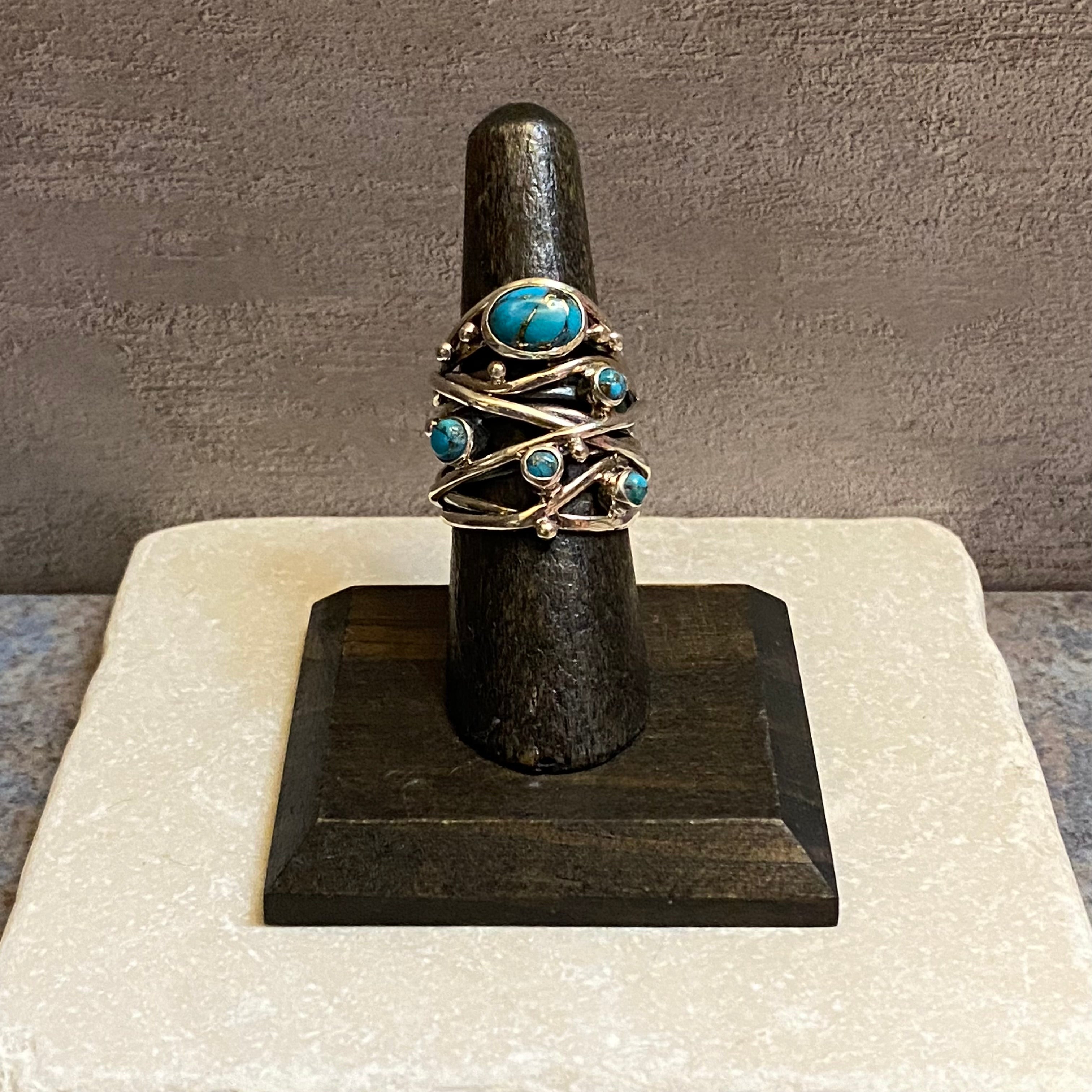 Sterling Silver Five Stone Copper Turquoise Strand Ring Size 6.75