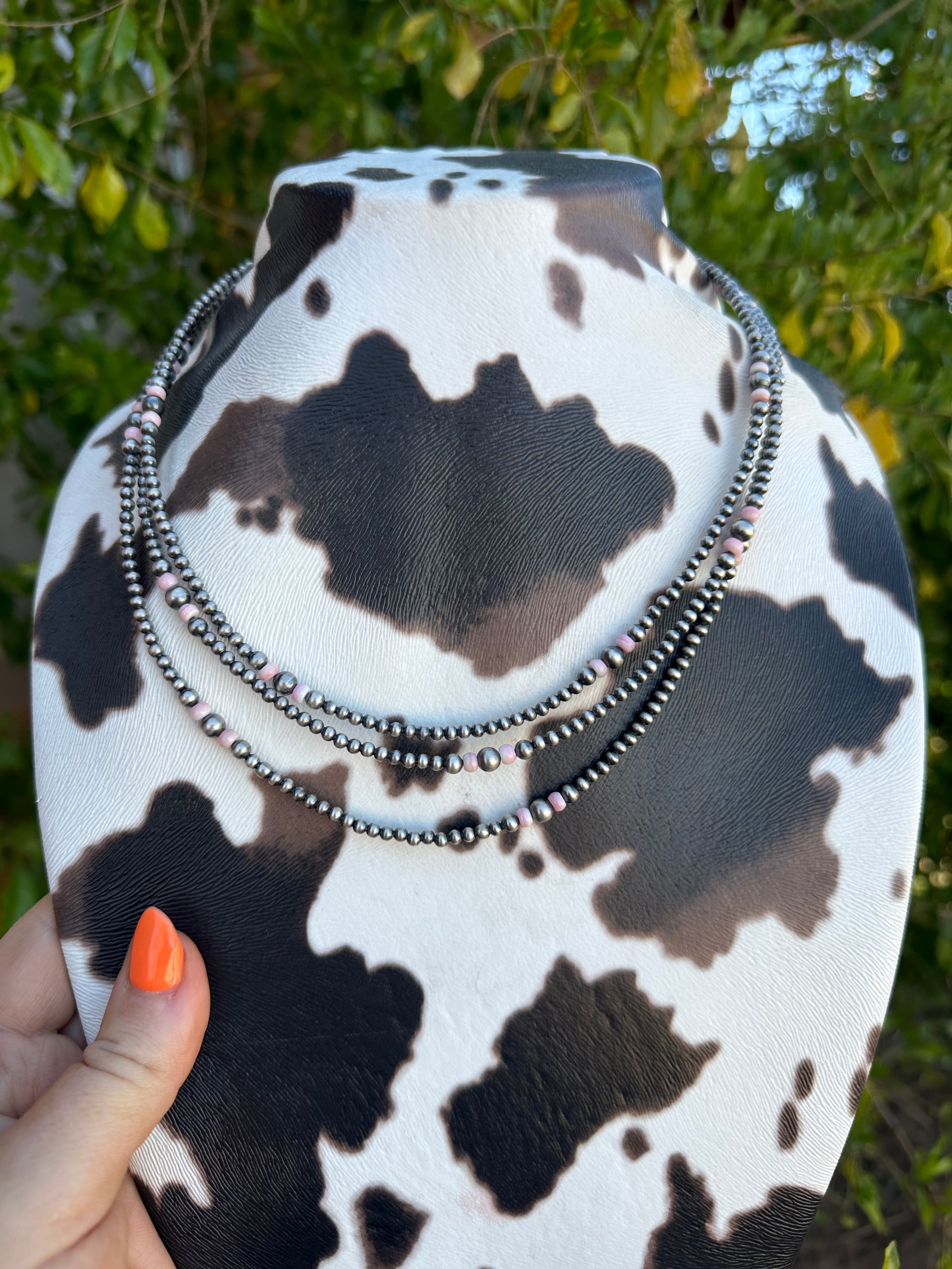 Handmade Sterling Silver 3-5mm Pink Conch Beaded Necklace 60”