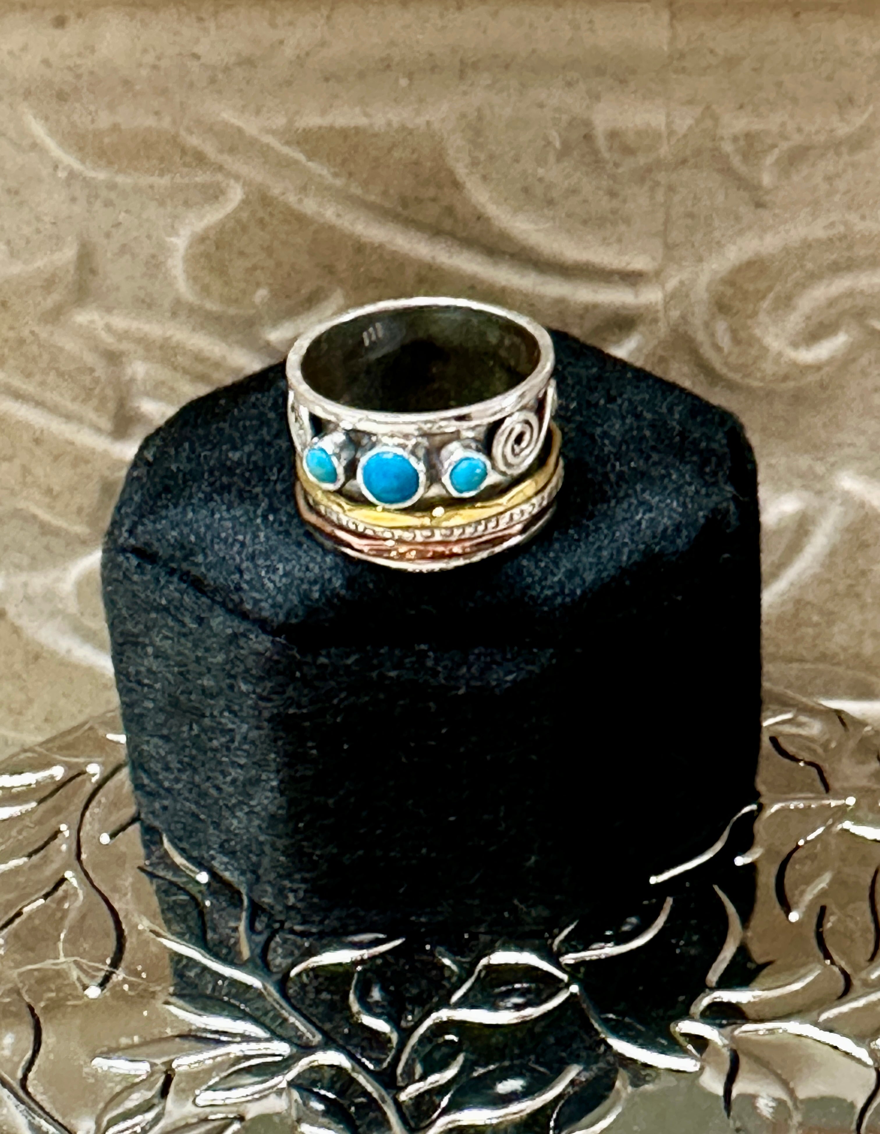 Three Stone Copper Turquoise, Copper, Sterling Silver, Gold, Spinner Ring Size 7