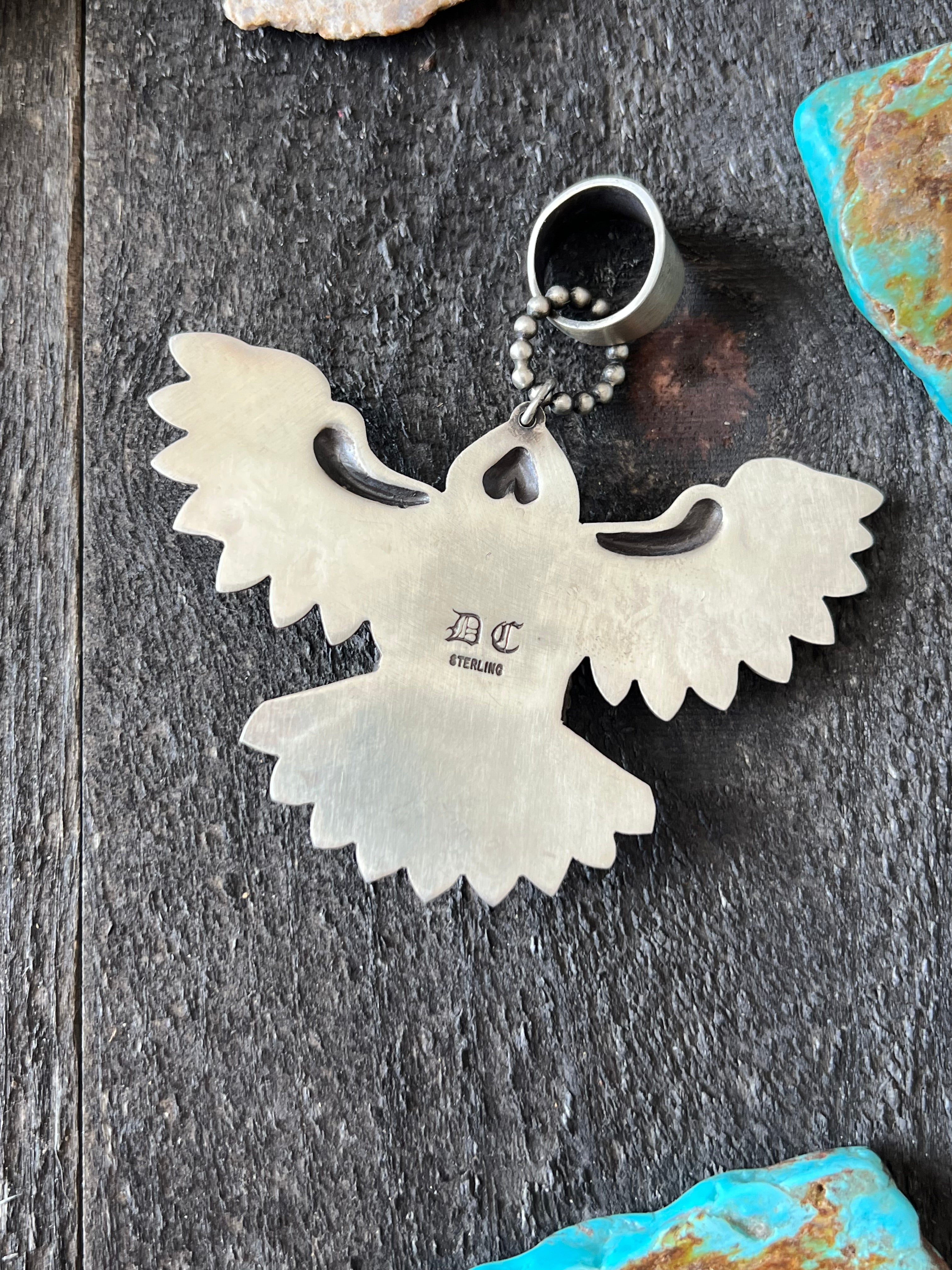 Handcrafted Sterling Silver and Polychrome Kingman Turquoise Eagle Pendant by Derrick Cadman