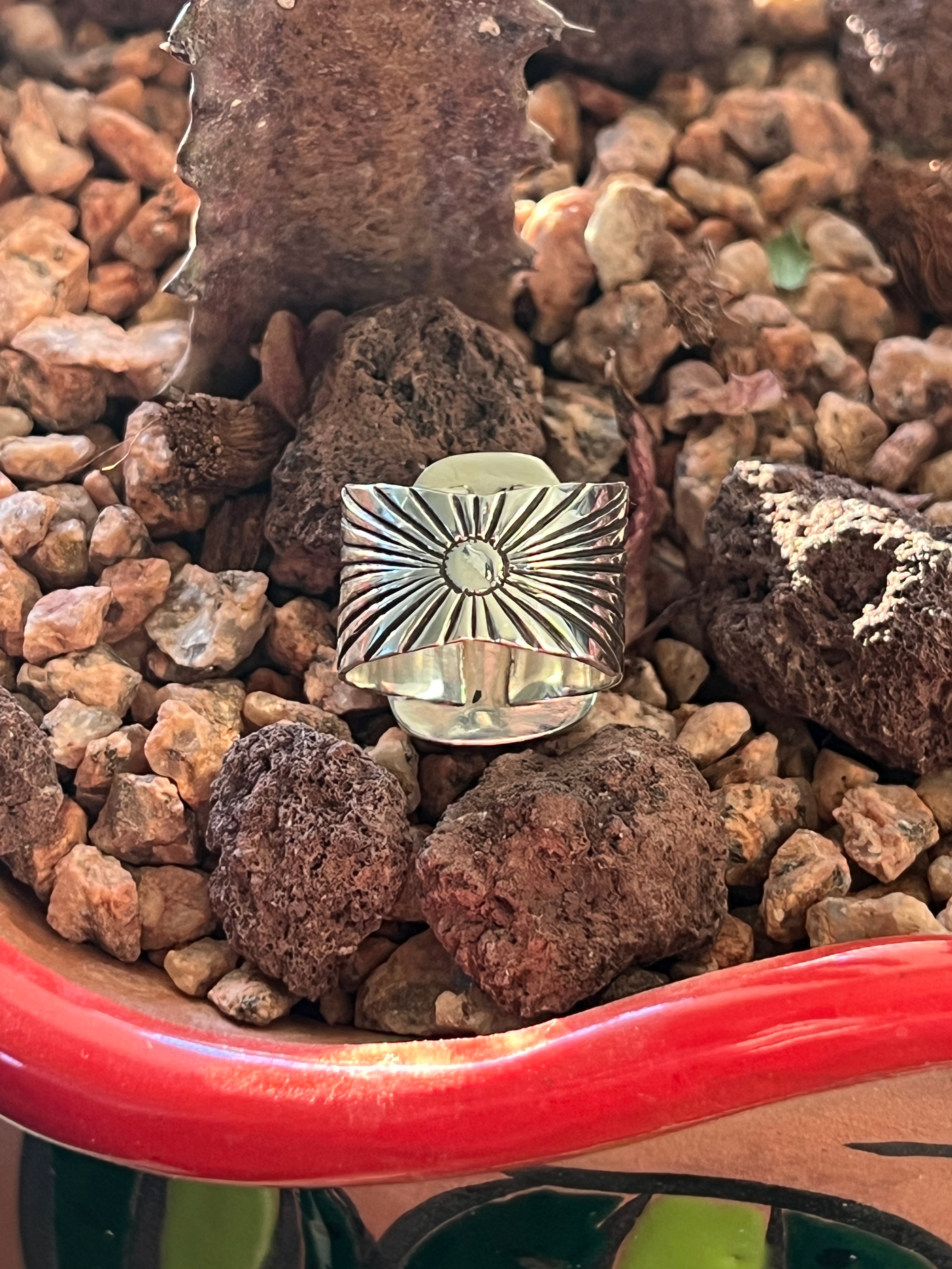 Handcrafted Hand Stamped Sterling Silver and Egyptian Turquoise Wide Shank Ring by Shaun Rogers, Size 8.25