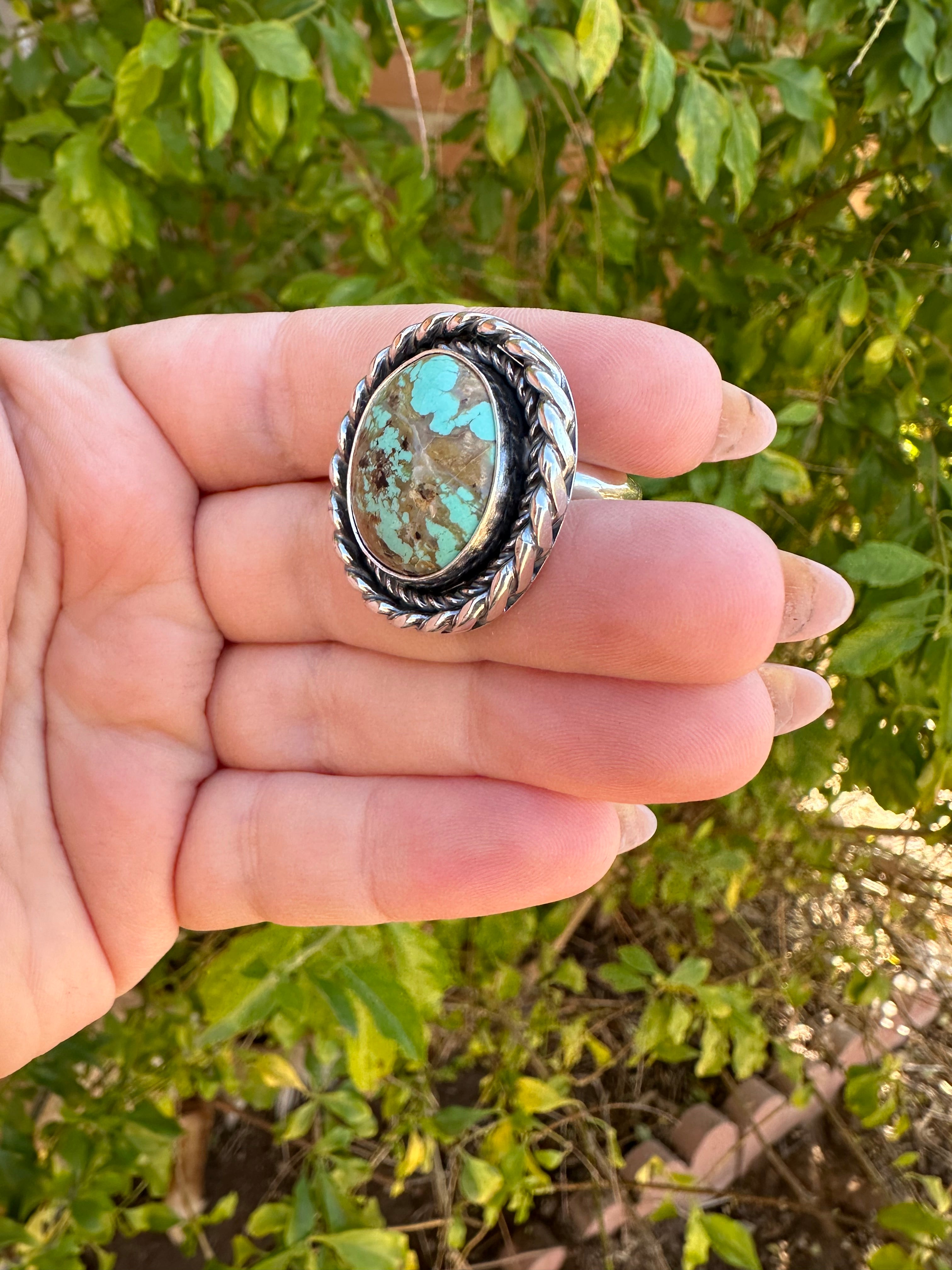 Handcrafted Sterling Silver & Single Stone Turquoise Adjustable Ring CIRCLE STYLE Signed