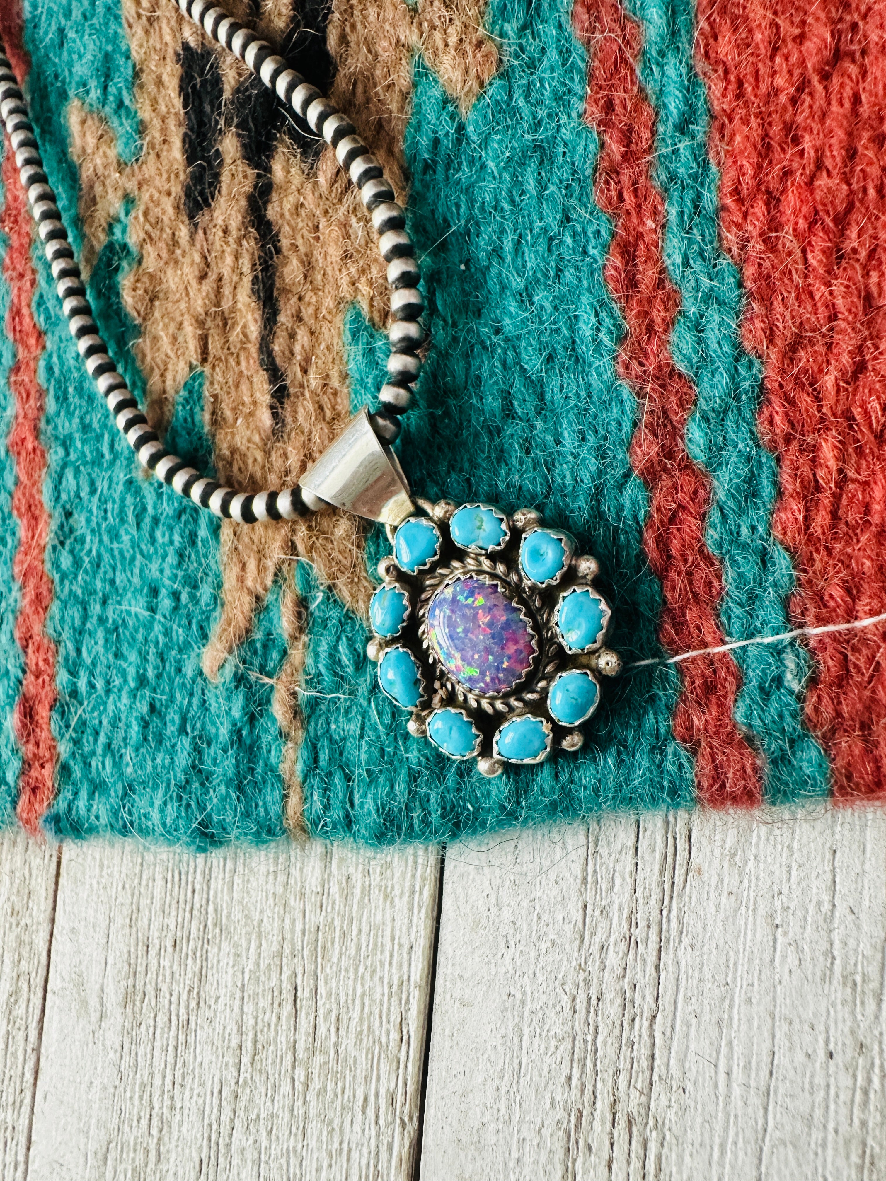 Handcrafted Turquoise, Opal & Sterling Silver Cluster Pendant