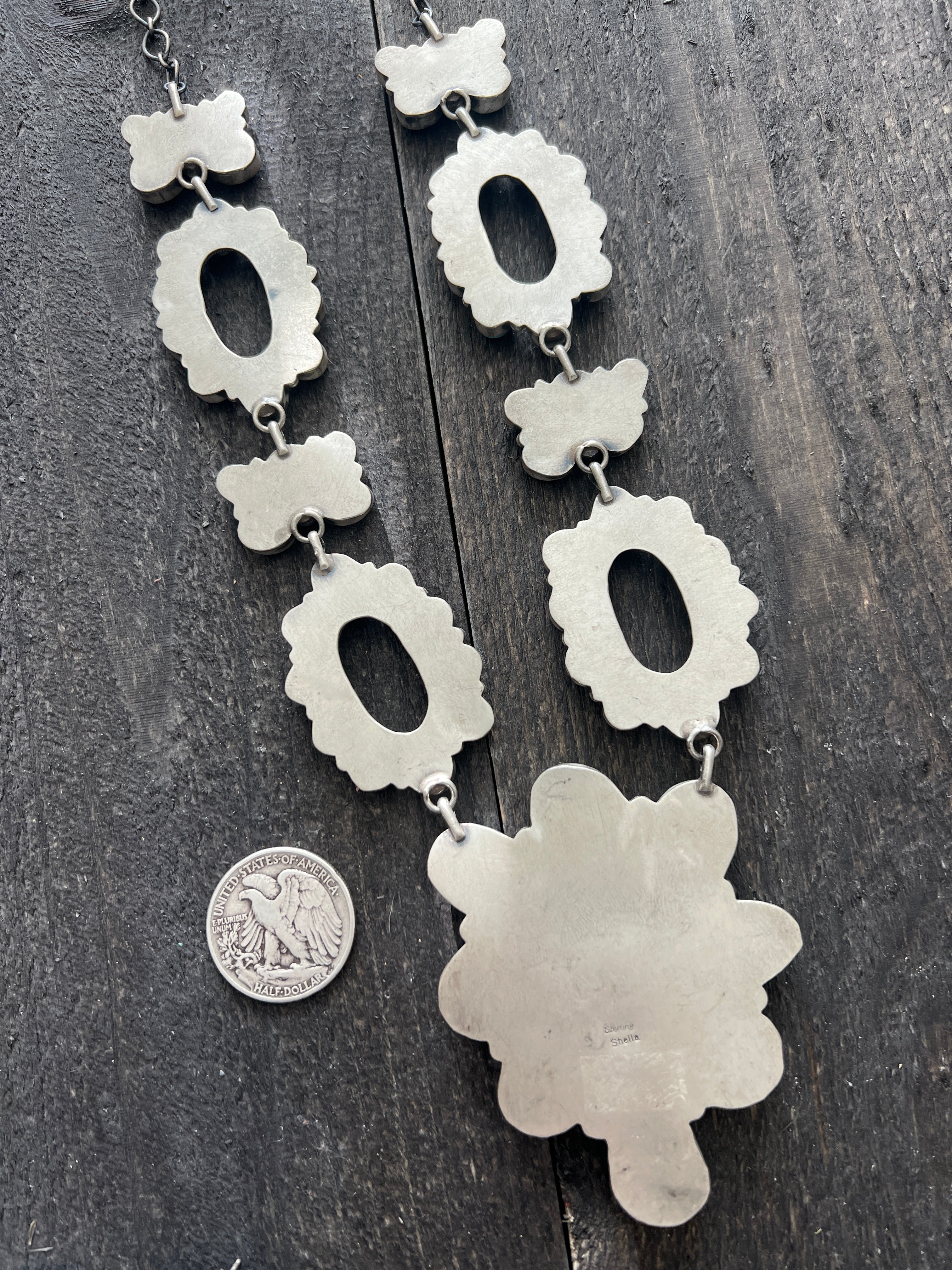 Handcrafted Sterling Silver and Whitewater Campitos Turquoise Cluster Necklace and Earring Set by Sheila Becenti