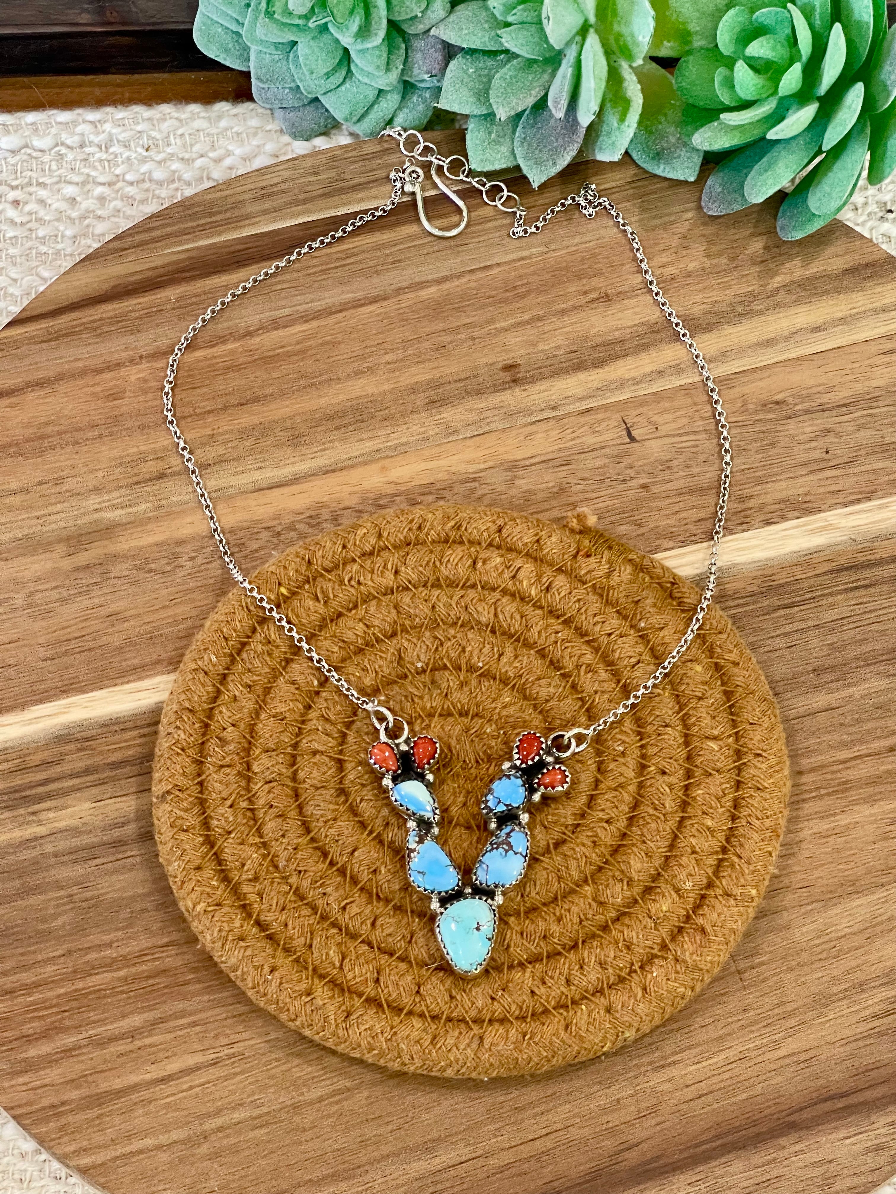 Handmade Sterling Silver, Golden Hills Turquoise & Coral Necklace Signed Nizhoni