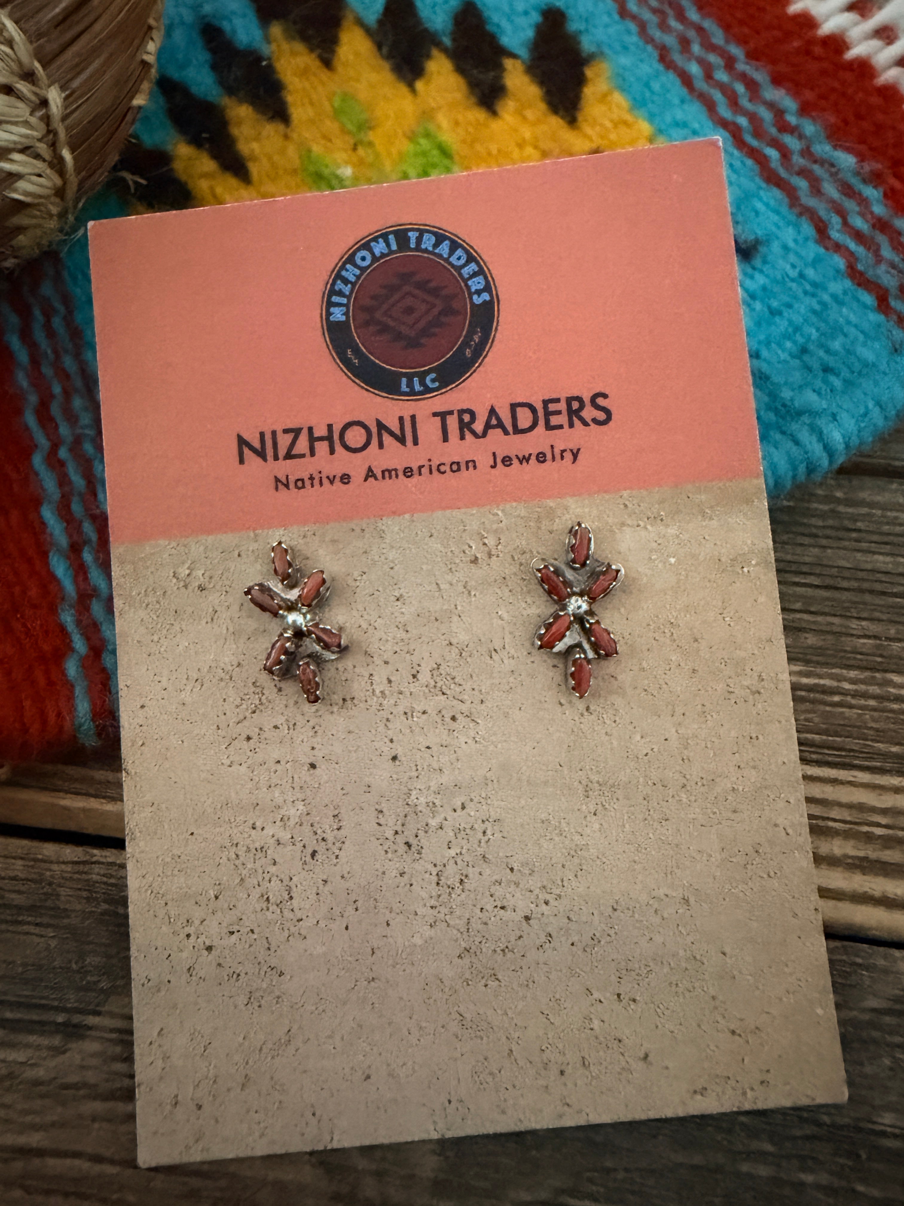 Handcrafted Sterling Silver & Coral Stud Earrings