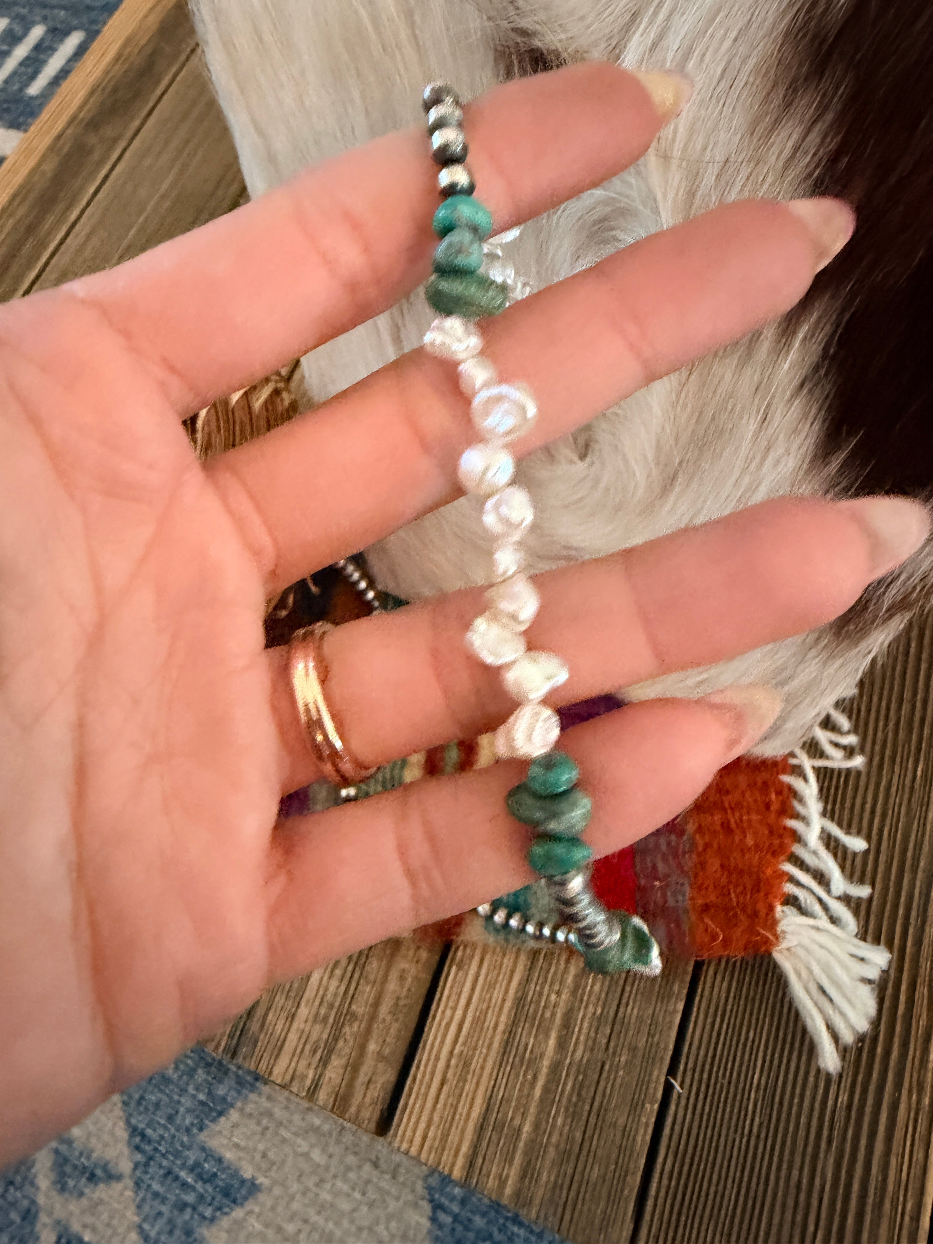 Handcrafted Turquoise, Mother of Pearl and Sterling Silver Pearl Beaded Necklace