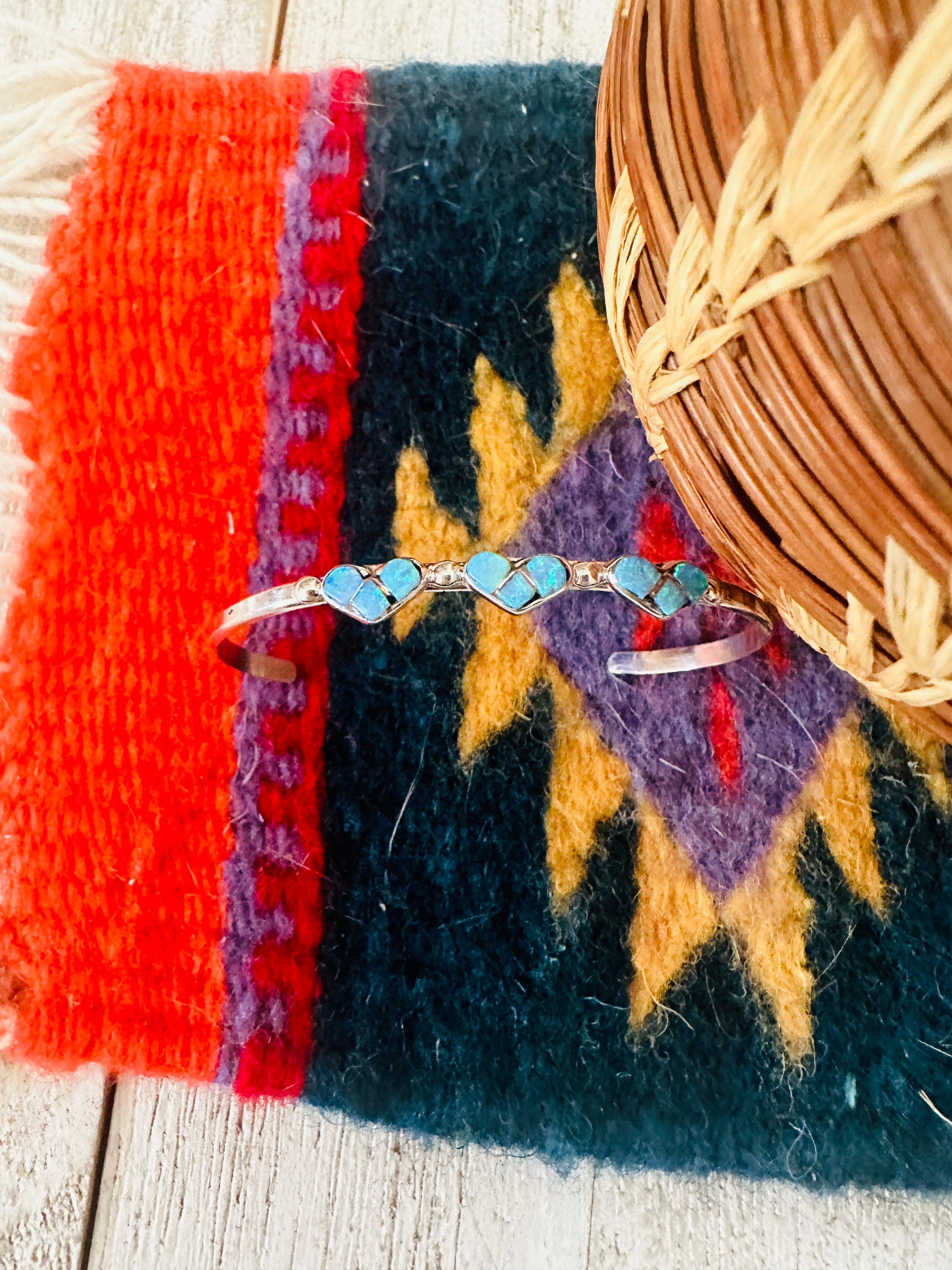 Sterling Silver & Blue Opal Heart Baby Cuff Bracelet /