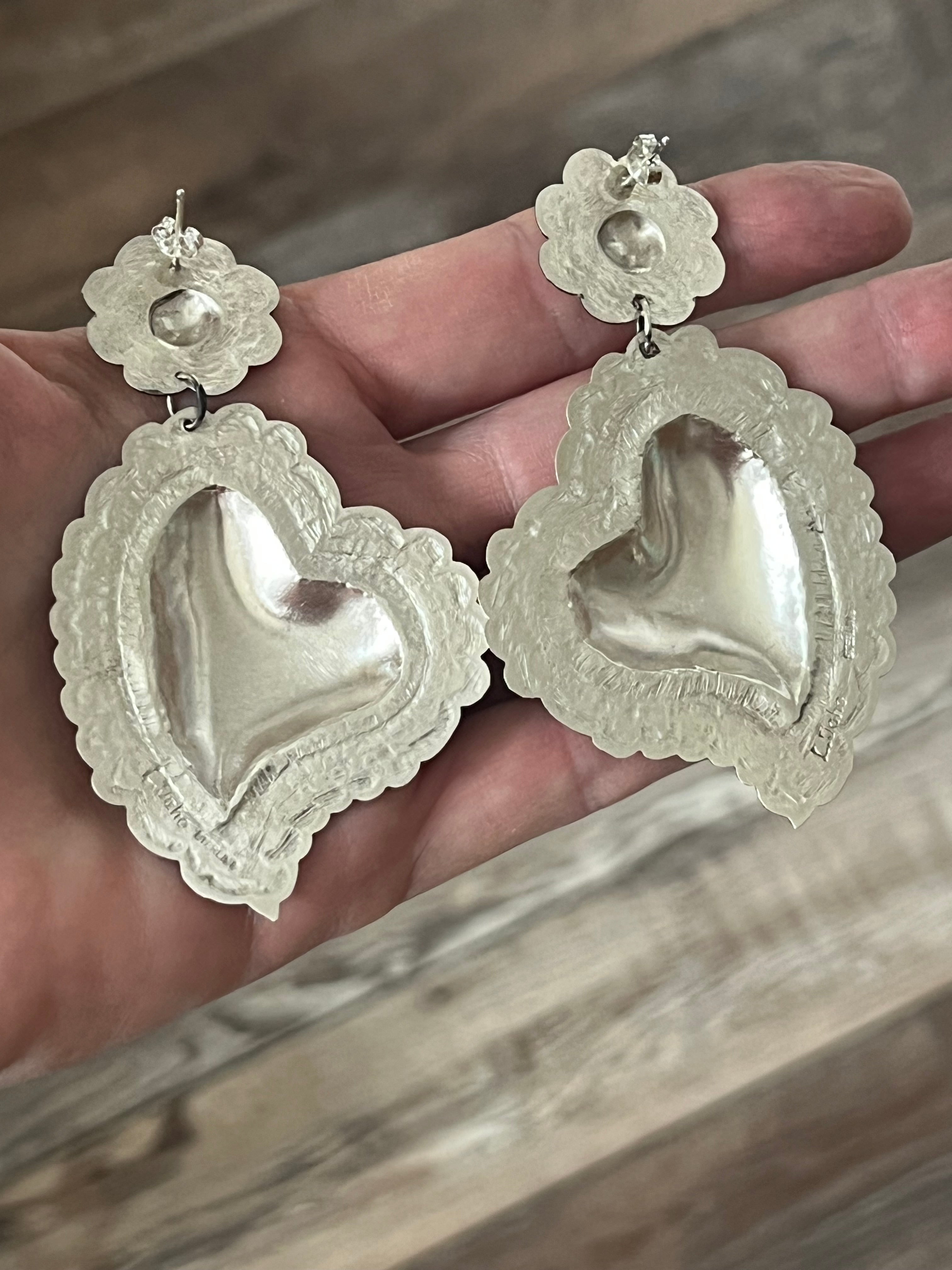 Handcrafted Sterling Silver Stamped Repousse Heart Earrings by Leander Tahe, AH2
