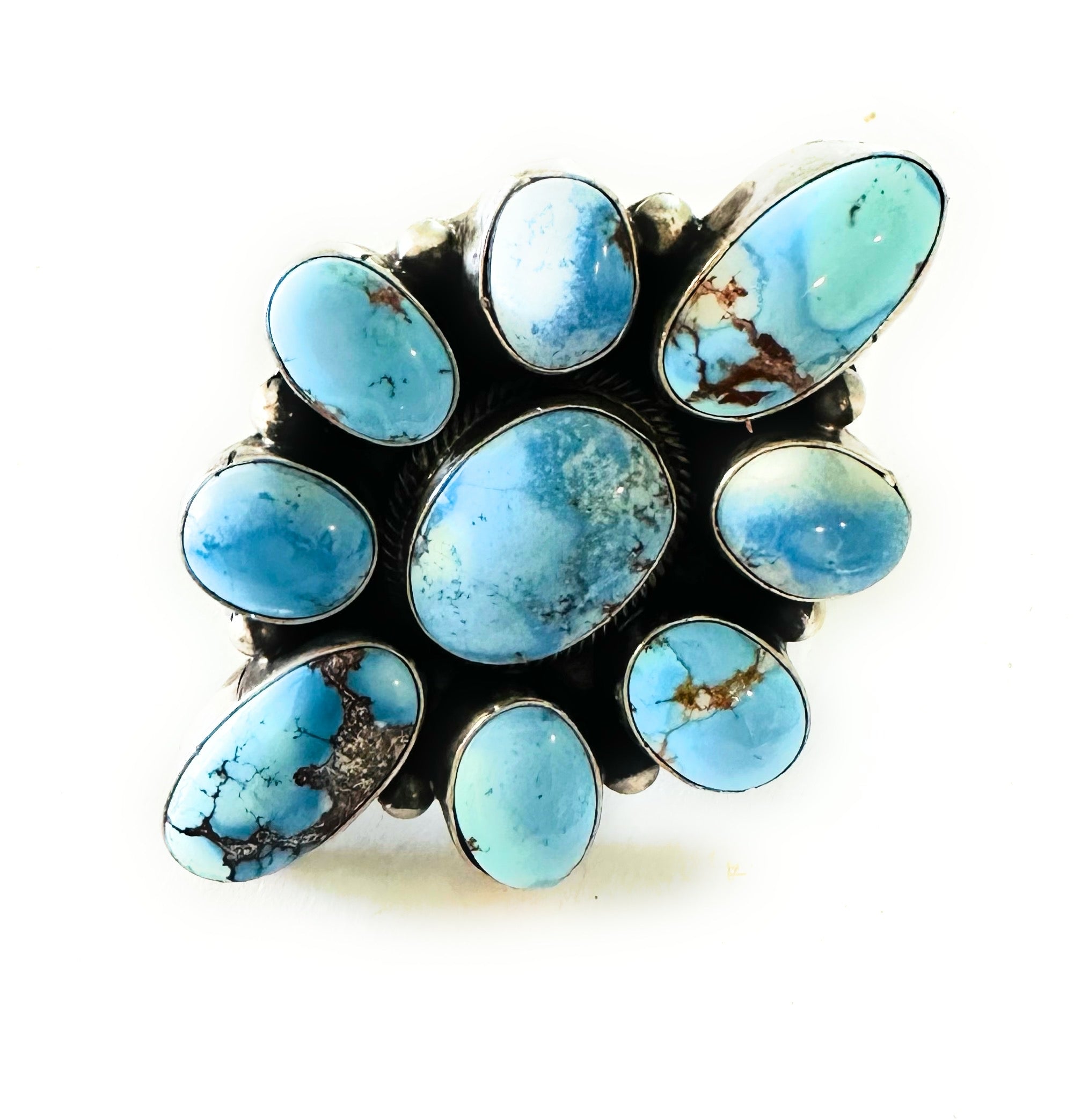 Navajo Golden Hills Turquoise & Sterling Silver Cluster Ring Size 9.5