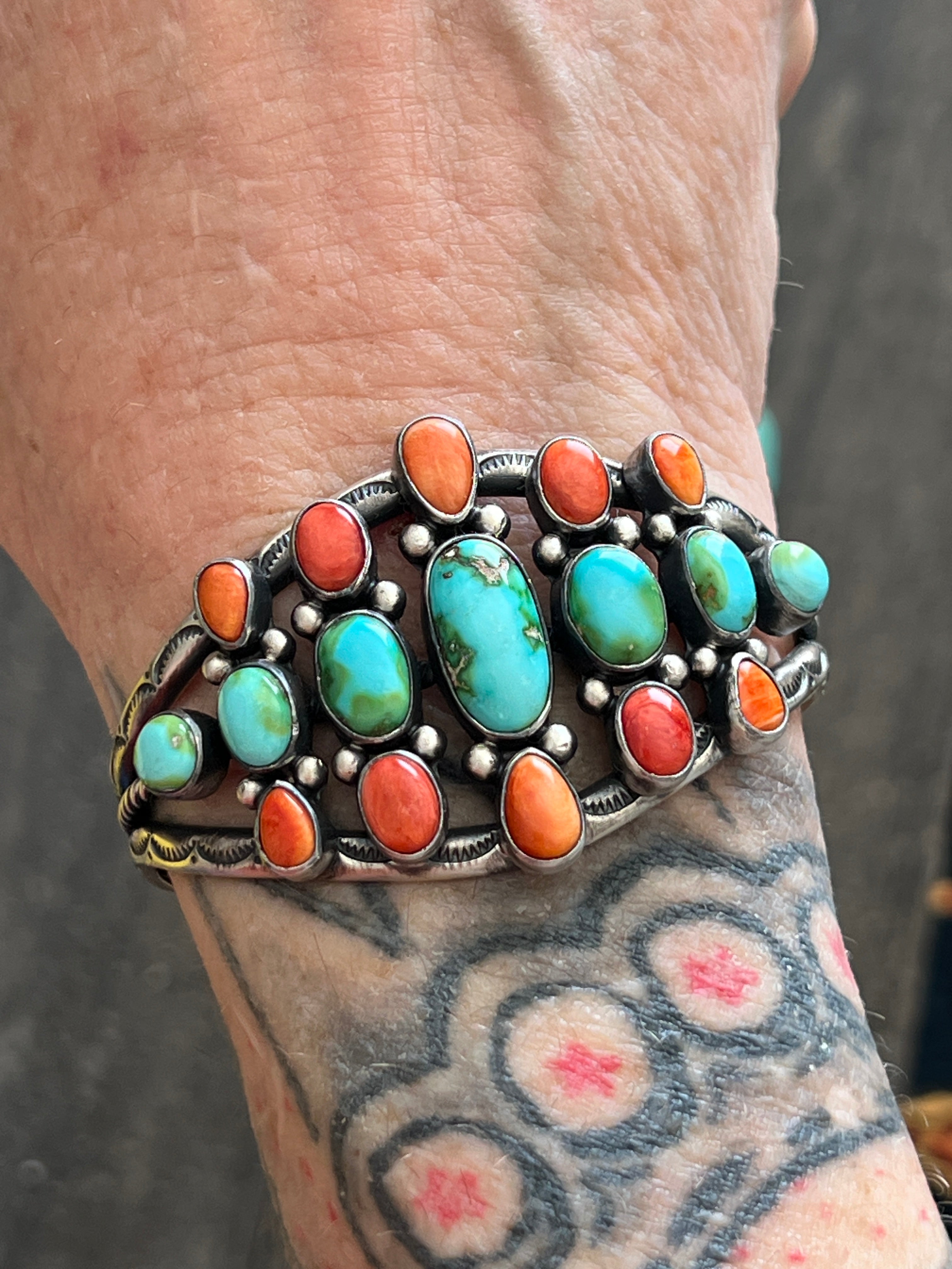 Hand Stamped Sterling Silver, Sonoran Turquoise and Spiny Oyster Shell Cluster Cuff Bracelet by Diane Wylie /