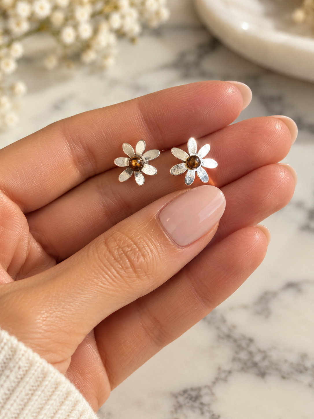 Sterling Silver Daisy Studs Post with Copper Center Earrings