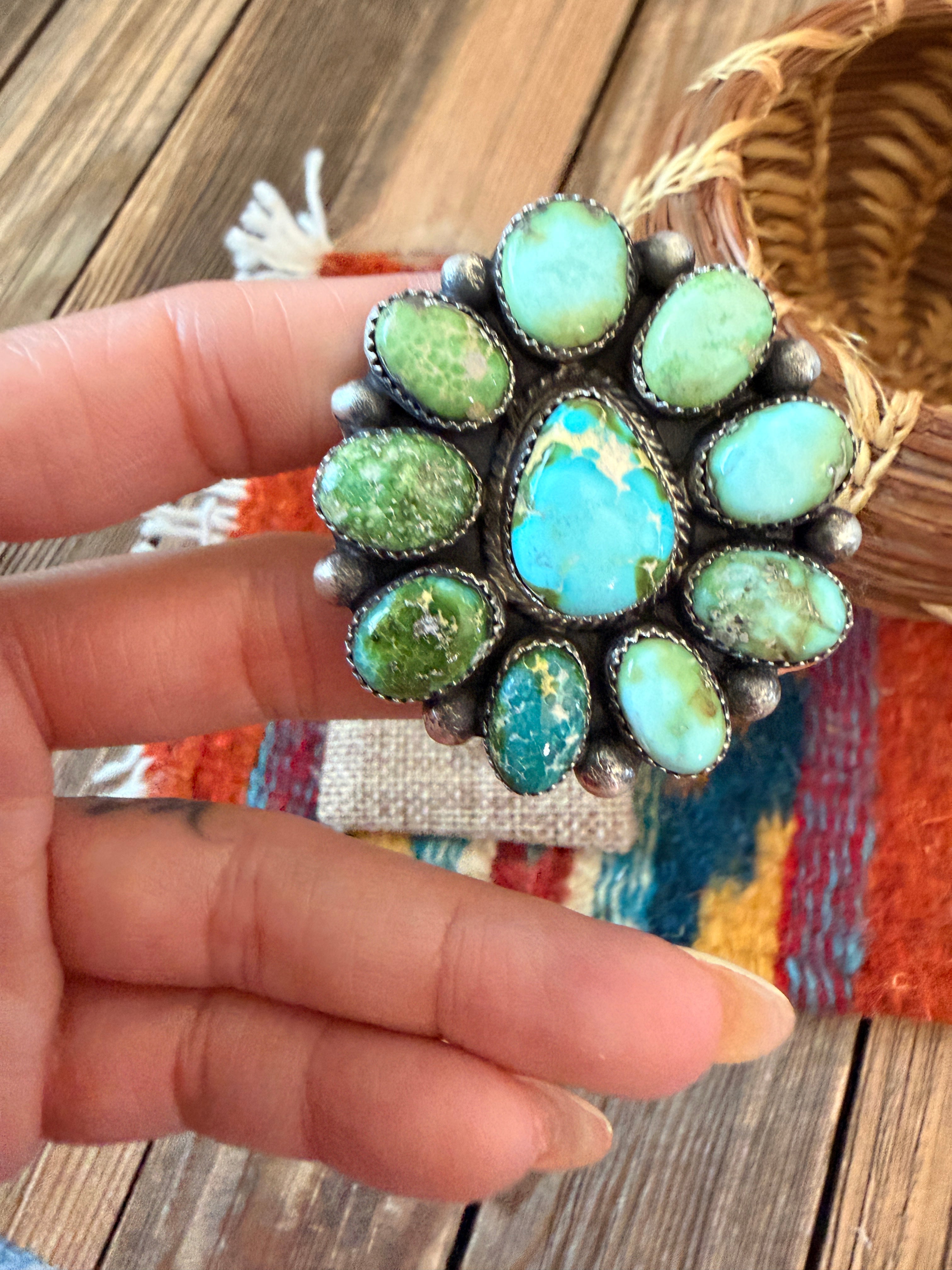 Handcrafted Sonoran Mountain Turquoise & Sterling Silver Cluster Adjustable Ring