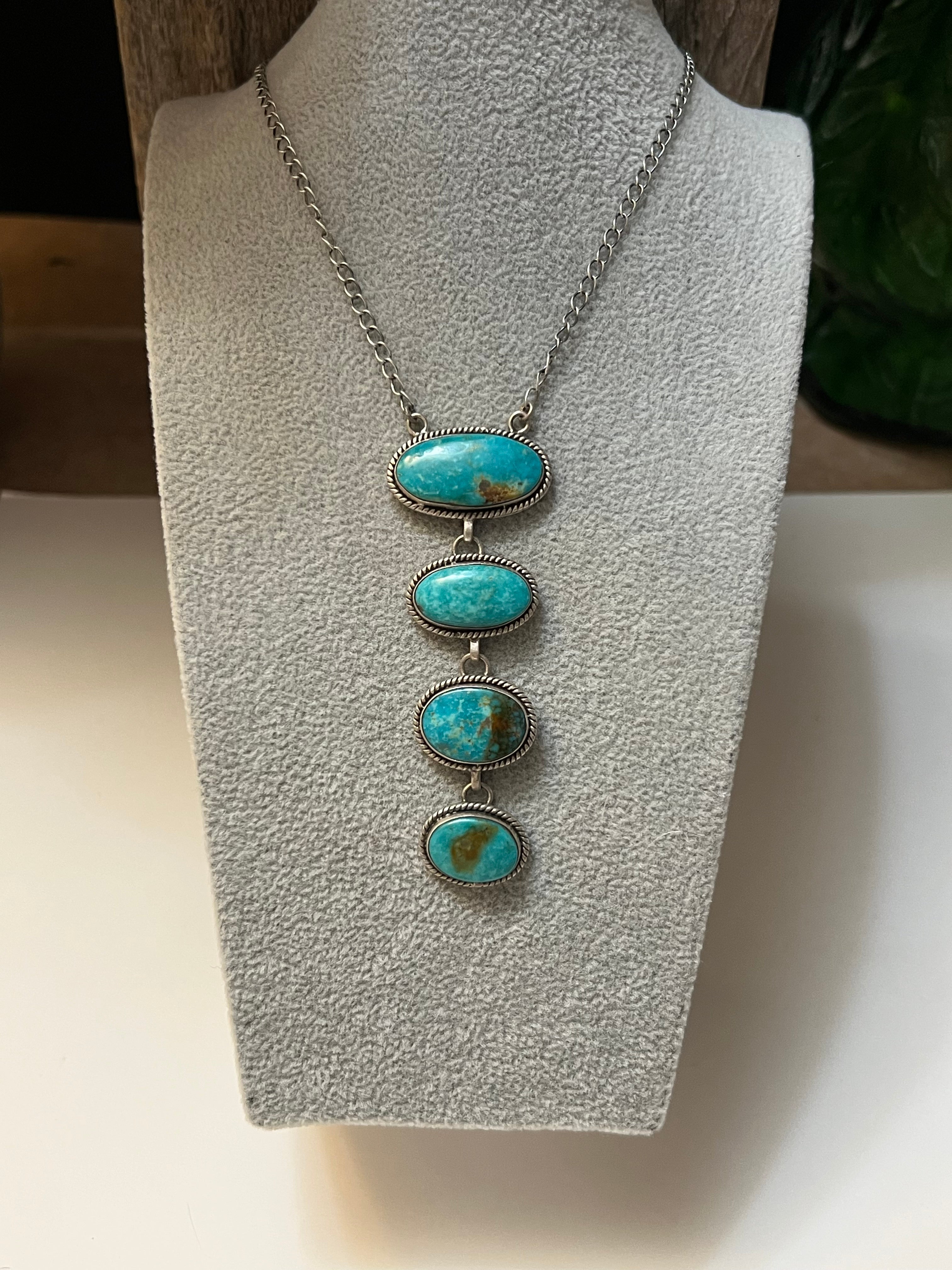 Handmade 4 Stone Turquoise & Sterling Silver Drop Necklace (01)