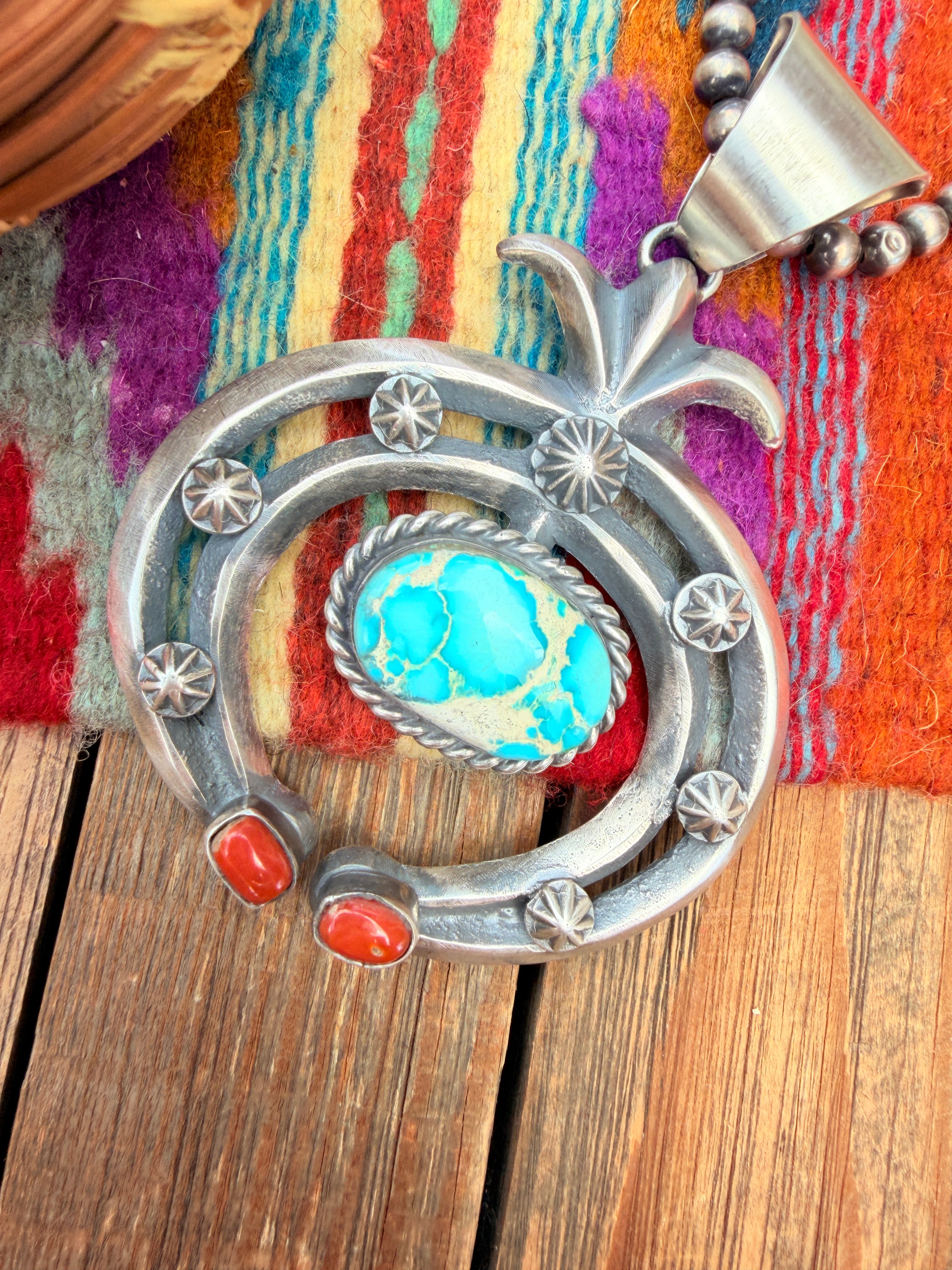 Handcrafted Sterling Silver, Turquoise & Coral Naja Pendant by Chimney Butte