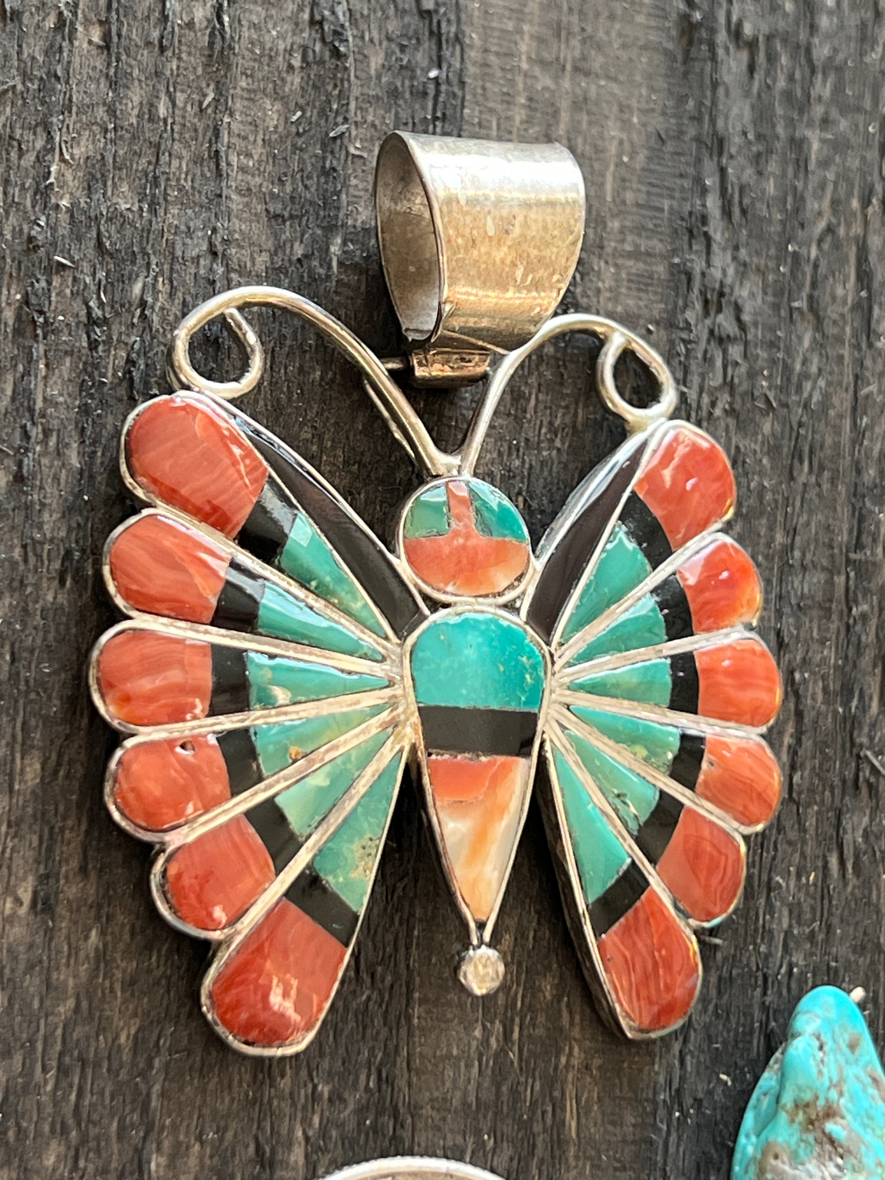 Vintage Handcrafted Sterling Silver, Turquoise, Spiny Oyster Shell and Jet Inlay Butterfly Pendant by Sara Edaakie