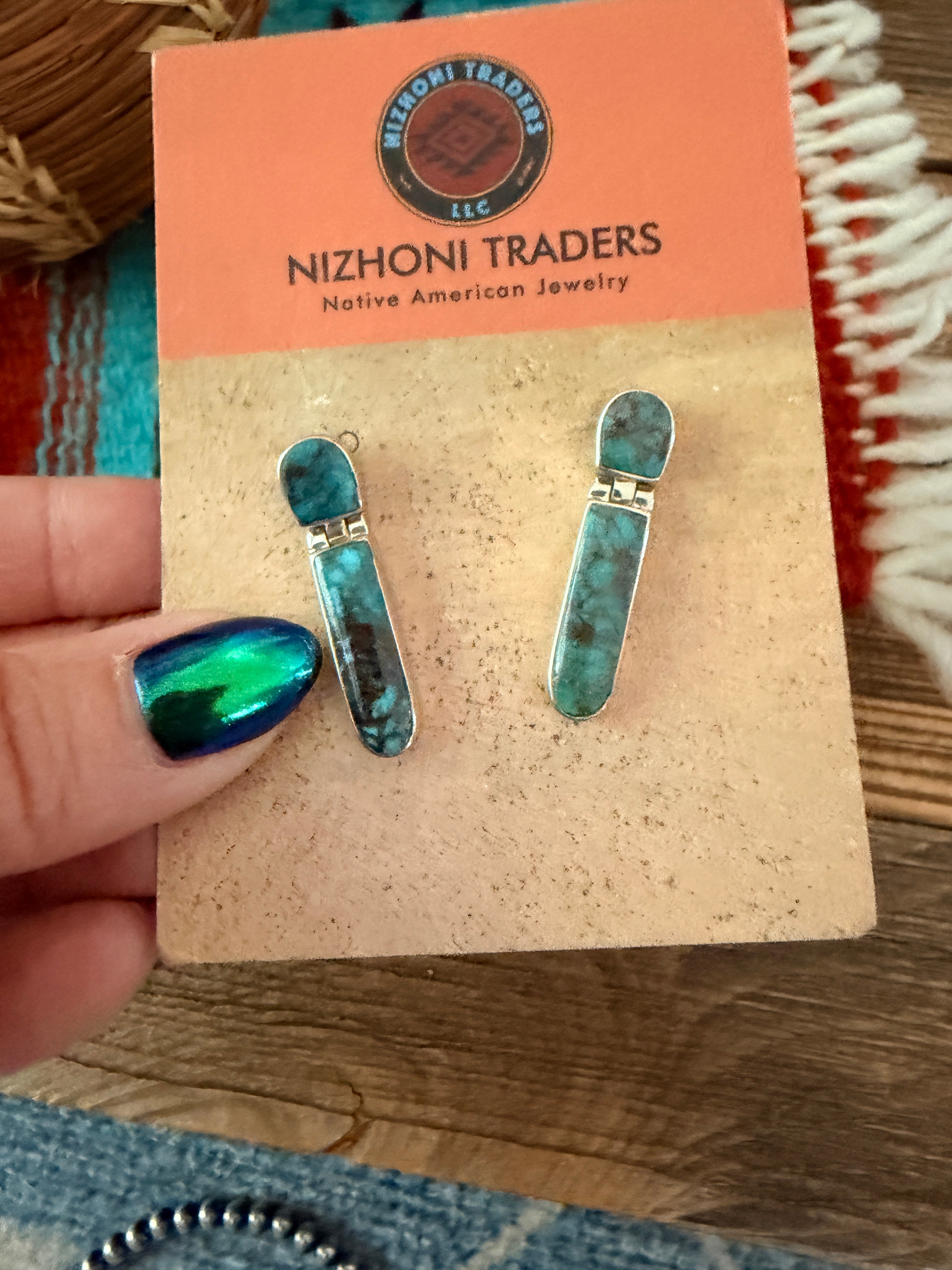 Old Pawn Handcrafted Sterling Silver & Turquoise Dangle Earrings