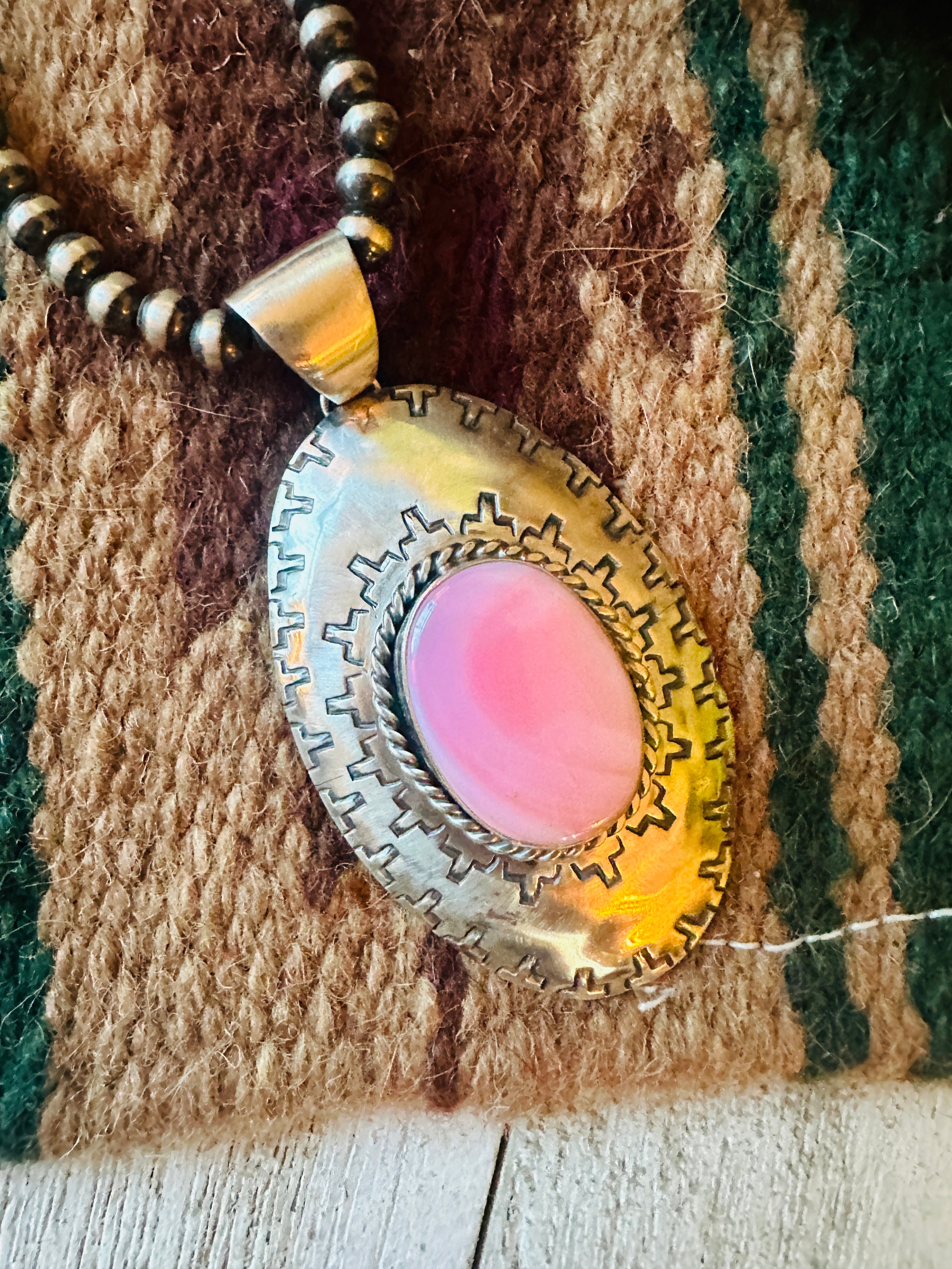 Handcrafted Queen Pink Conch Shell & Sterling Silver Concho Pendant