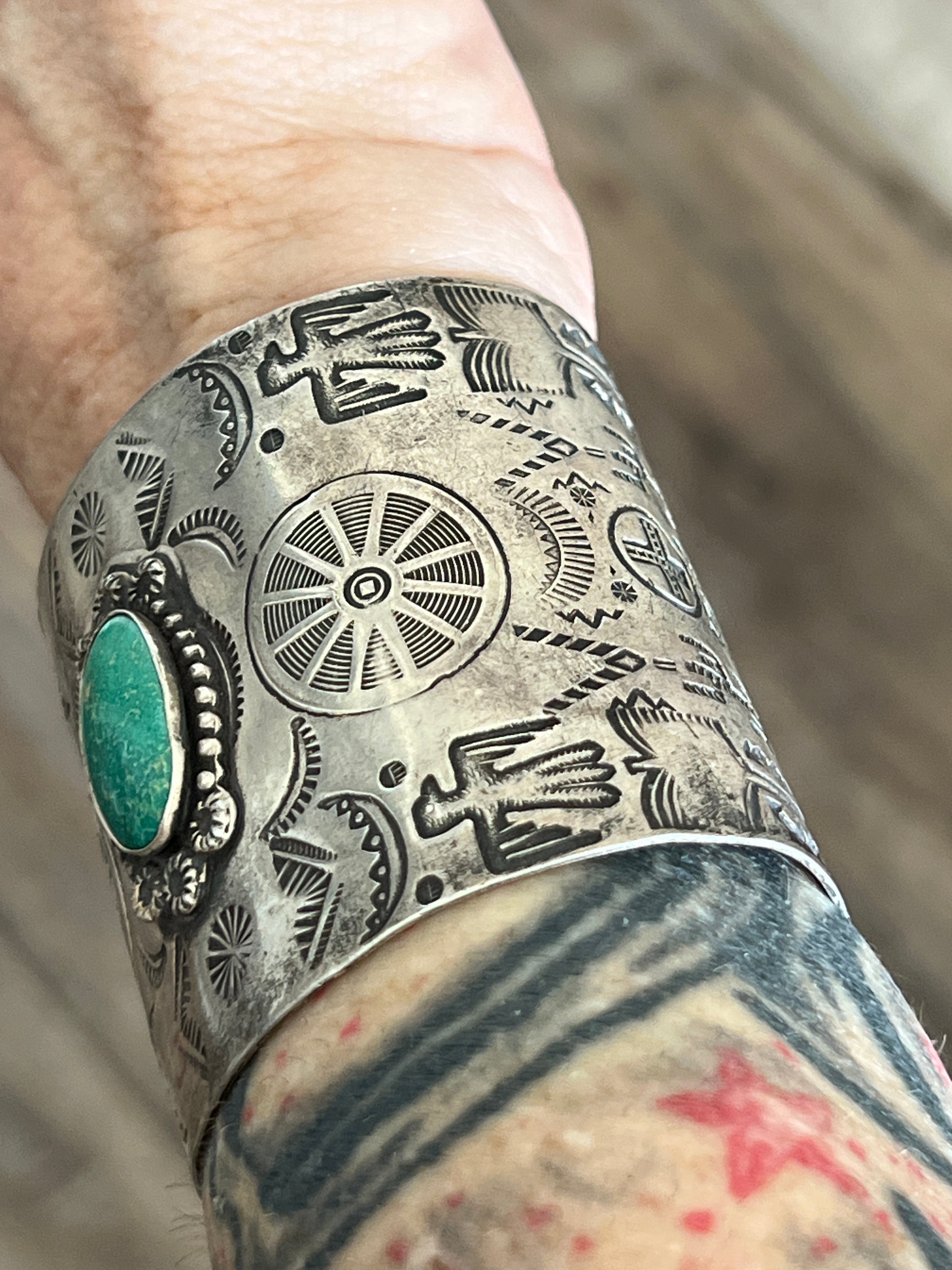 Handcrafted Vintage Fred Harvey Era Symbolic Collage TurquoiseSterling Silver Cuff Bracelet