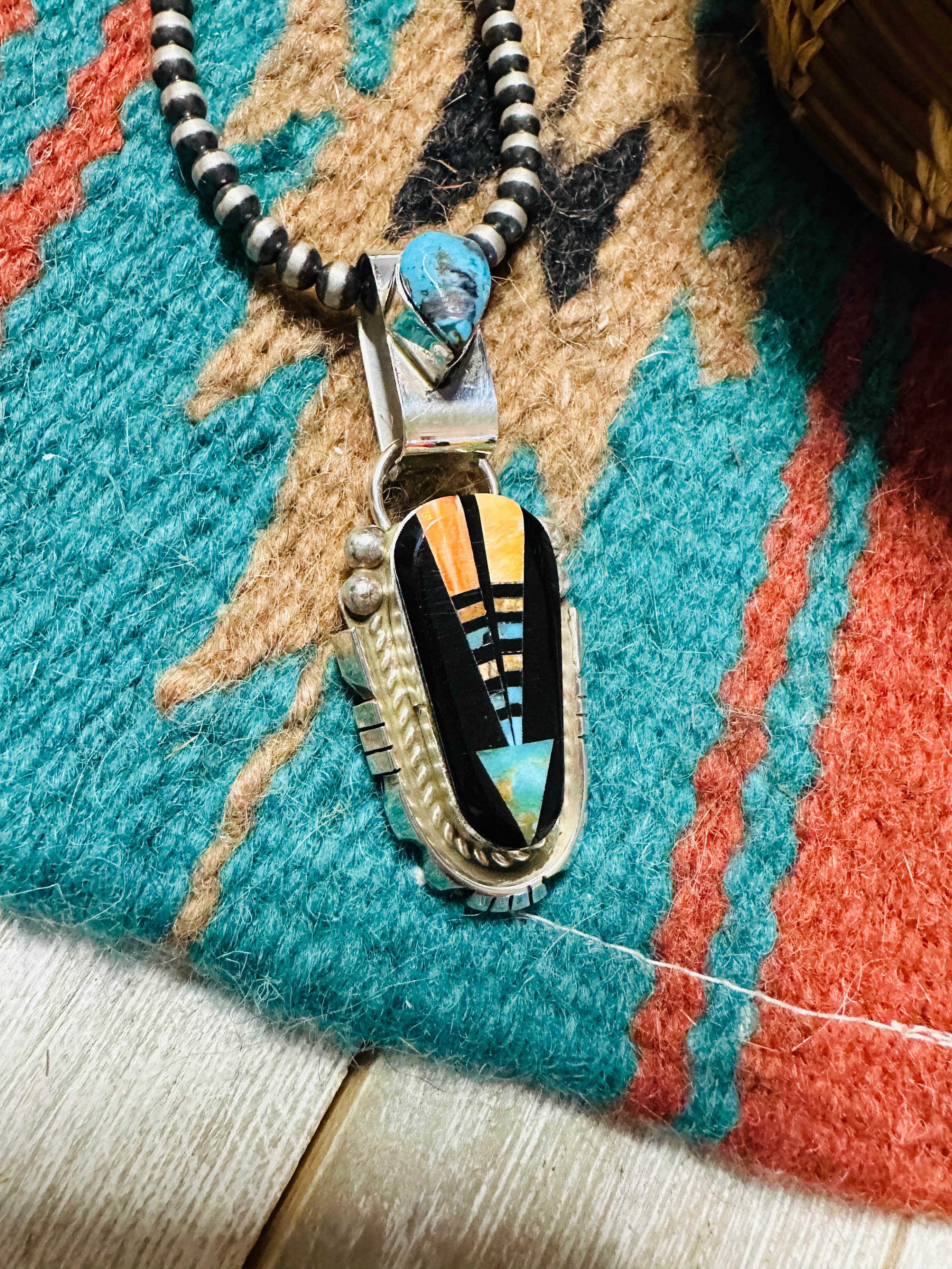Handcrafted Sterling Silver and Multi Stone Inlay Pendant by Ray Jack