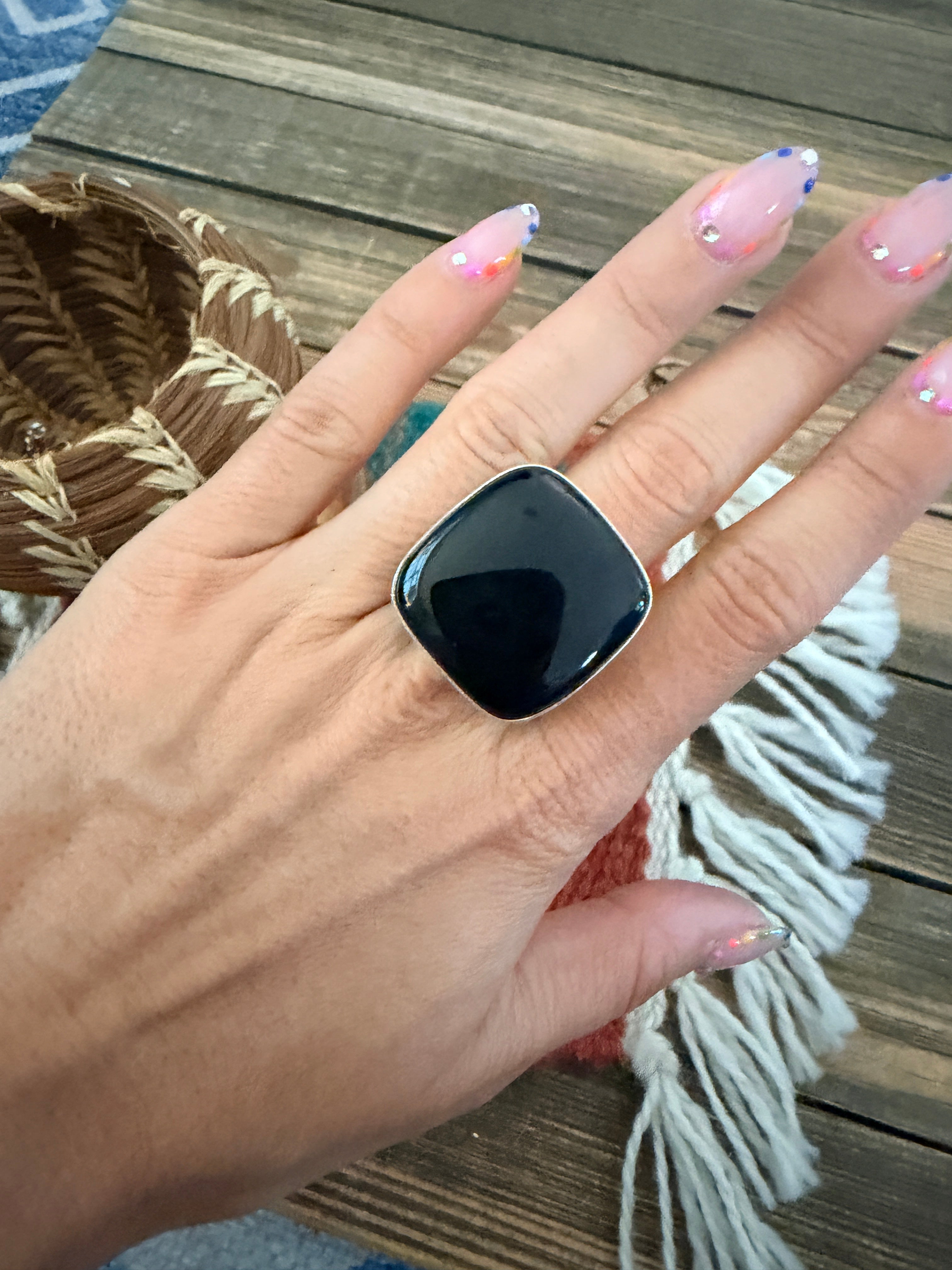Handcrafted Black Onyx & Sterling Silver Ring Size 6