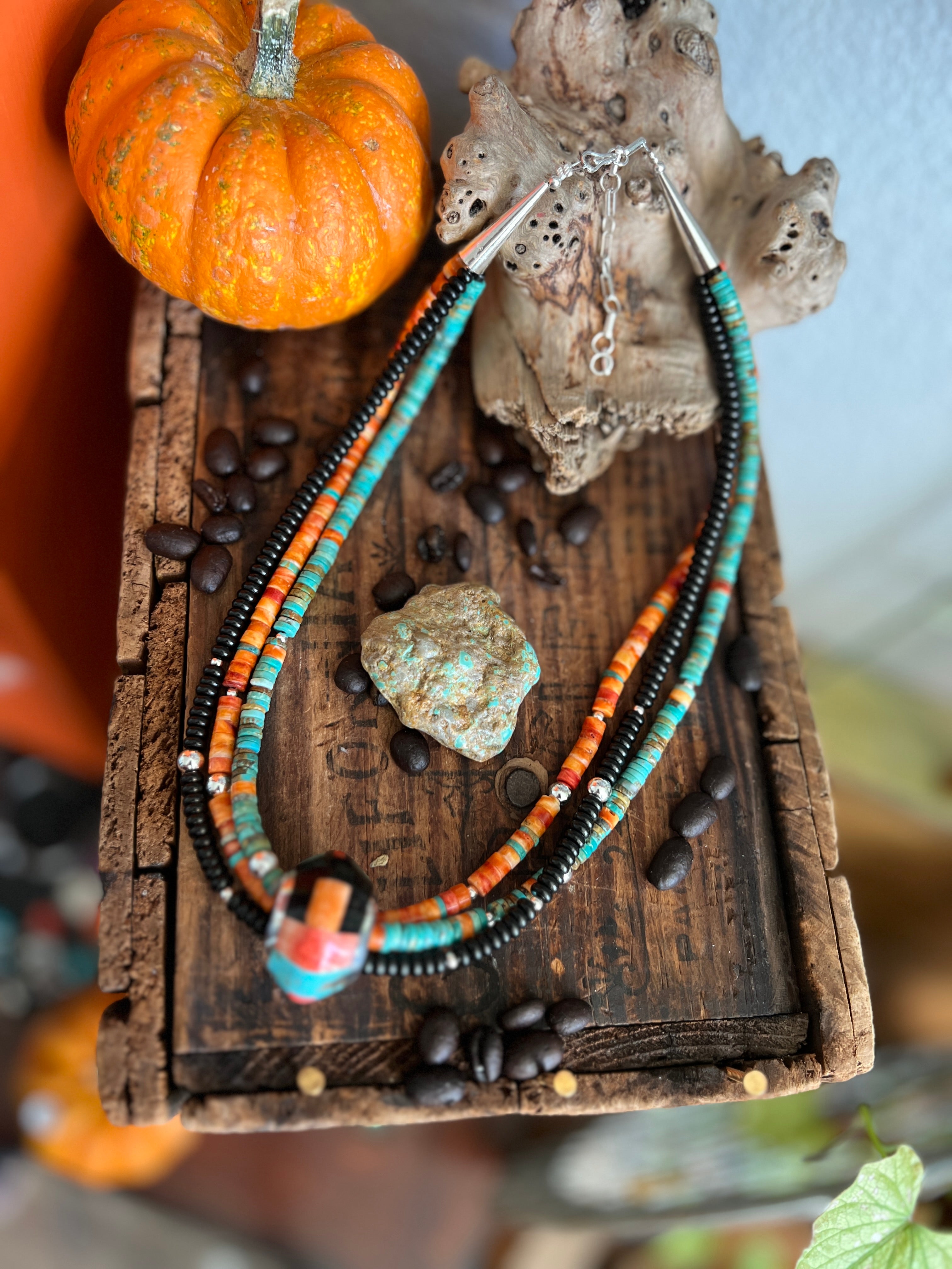 Daniel Coriz Triple Strand Spiny Oyster, Onyx and Turquoise Beaded Necklace w/ Removable Sterling Silver & Stone Inlay Bead