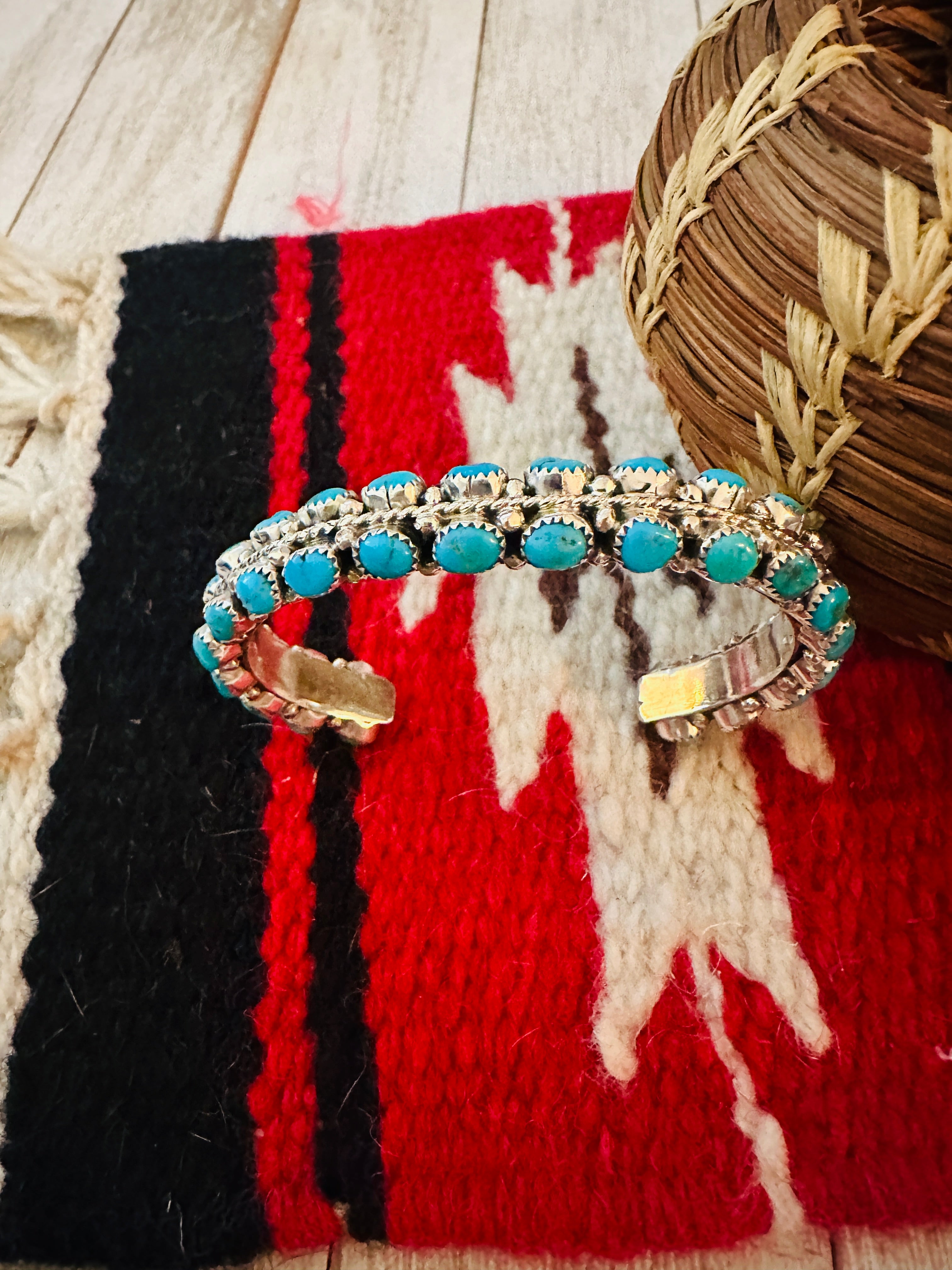 Turquoise Double Row Cluster Cuff Bracelet /