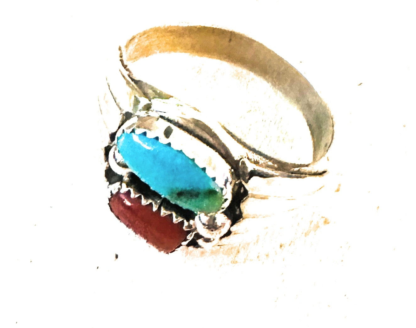Handcrafted Turquoise, Coral & Sterling Silver Ring Size 13