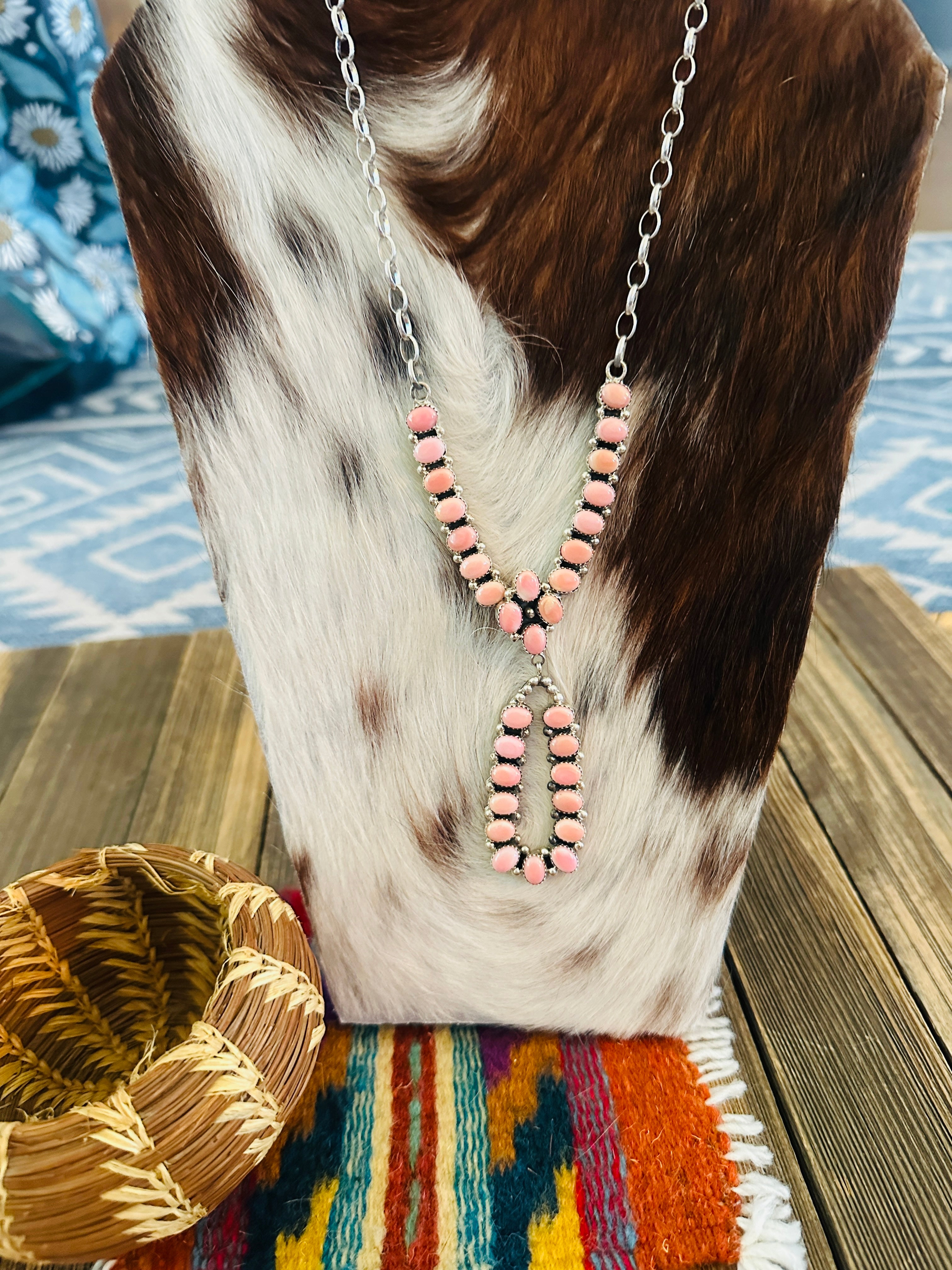 Handcrafted Queen Pink Conch & Sterling Silver Cluster Necklace