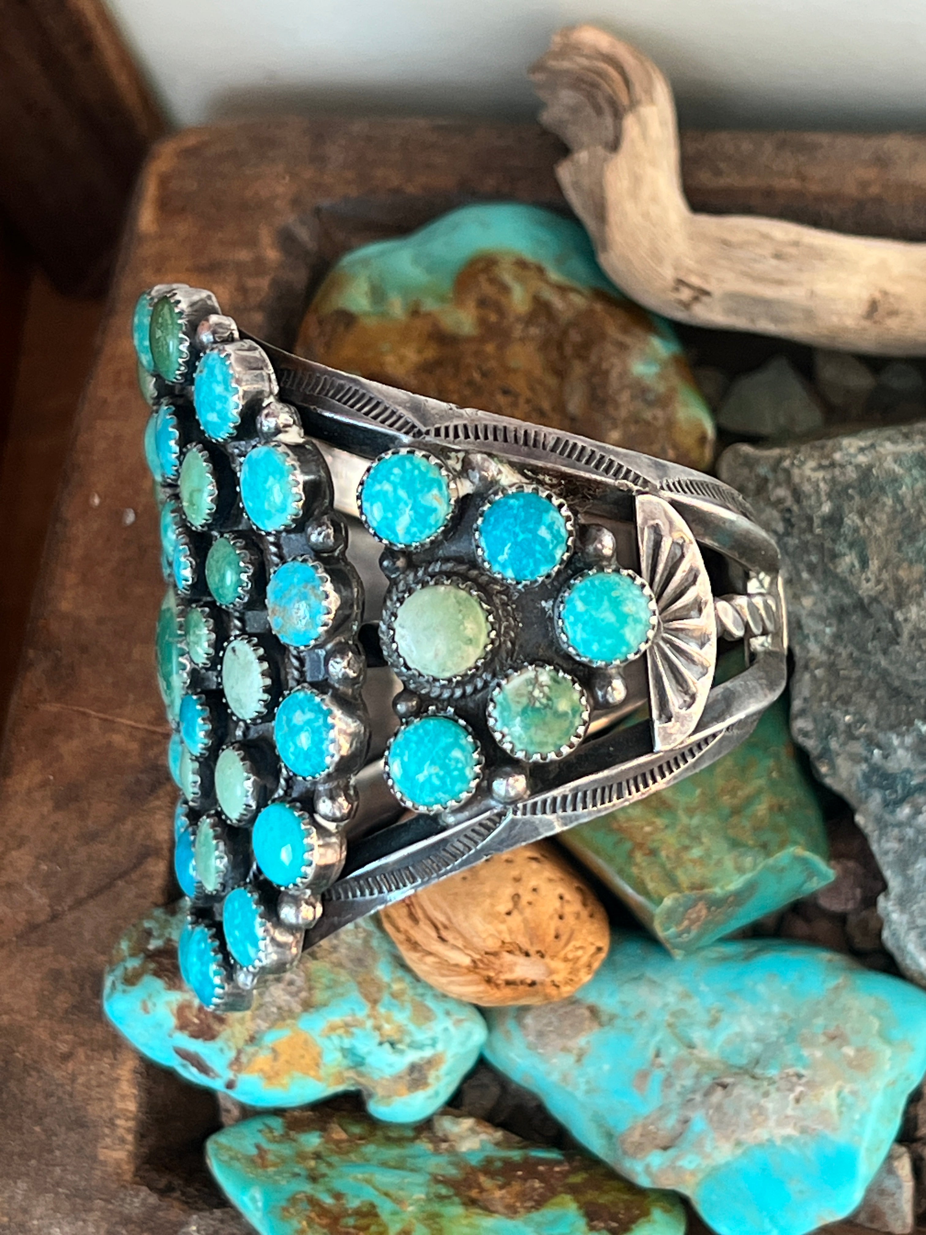 Handcrafted Vintage Sterling Silver and Fox Turquoise Cluster Cuff /