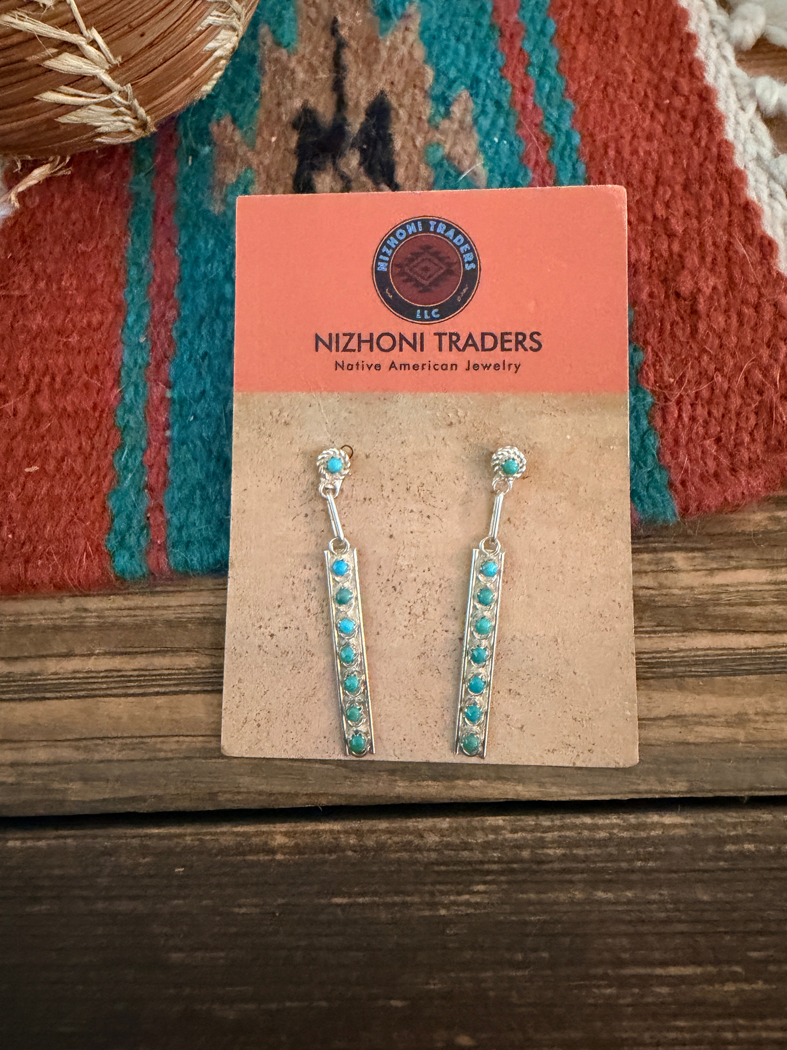 Old Pawn Handcrafted Turquoise & Sterling Silver Petit Point Dangle Earrings