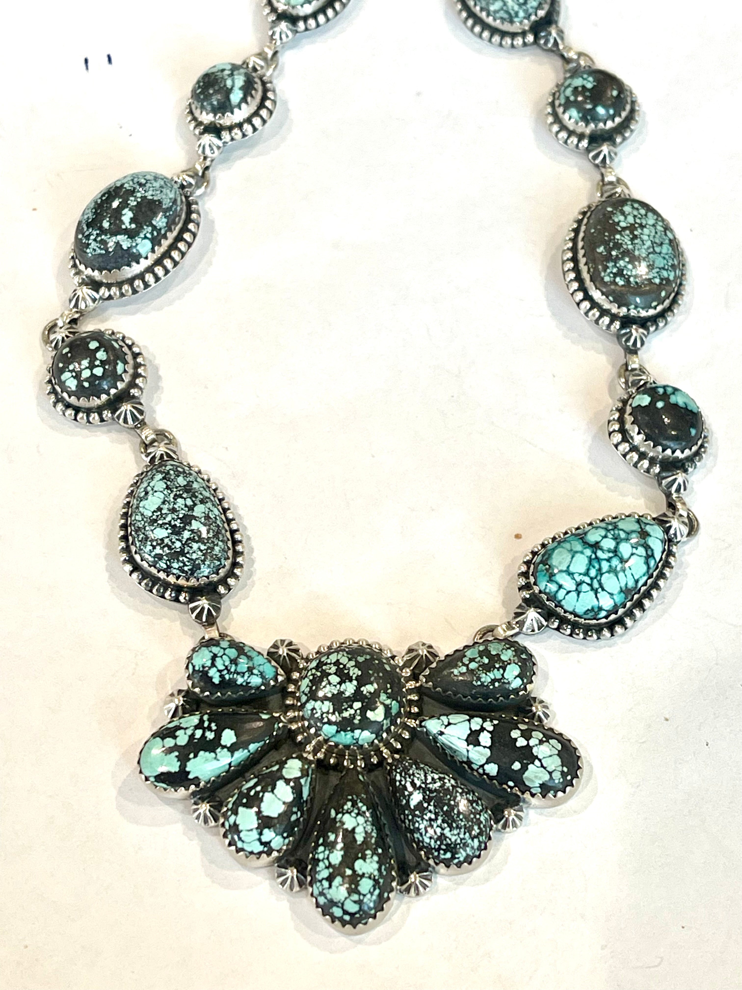 Handmade Sterling Silver & New Lander Turquoise Necklace Signed Nizhoni