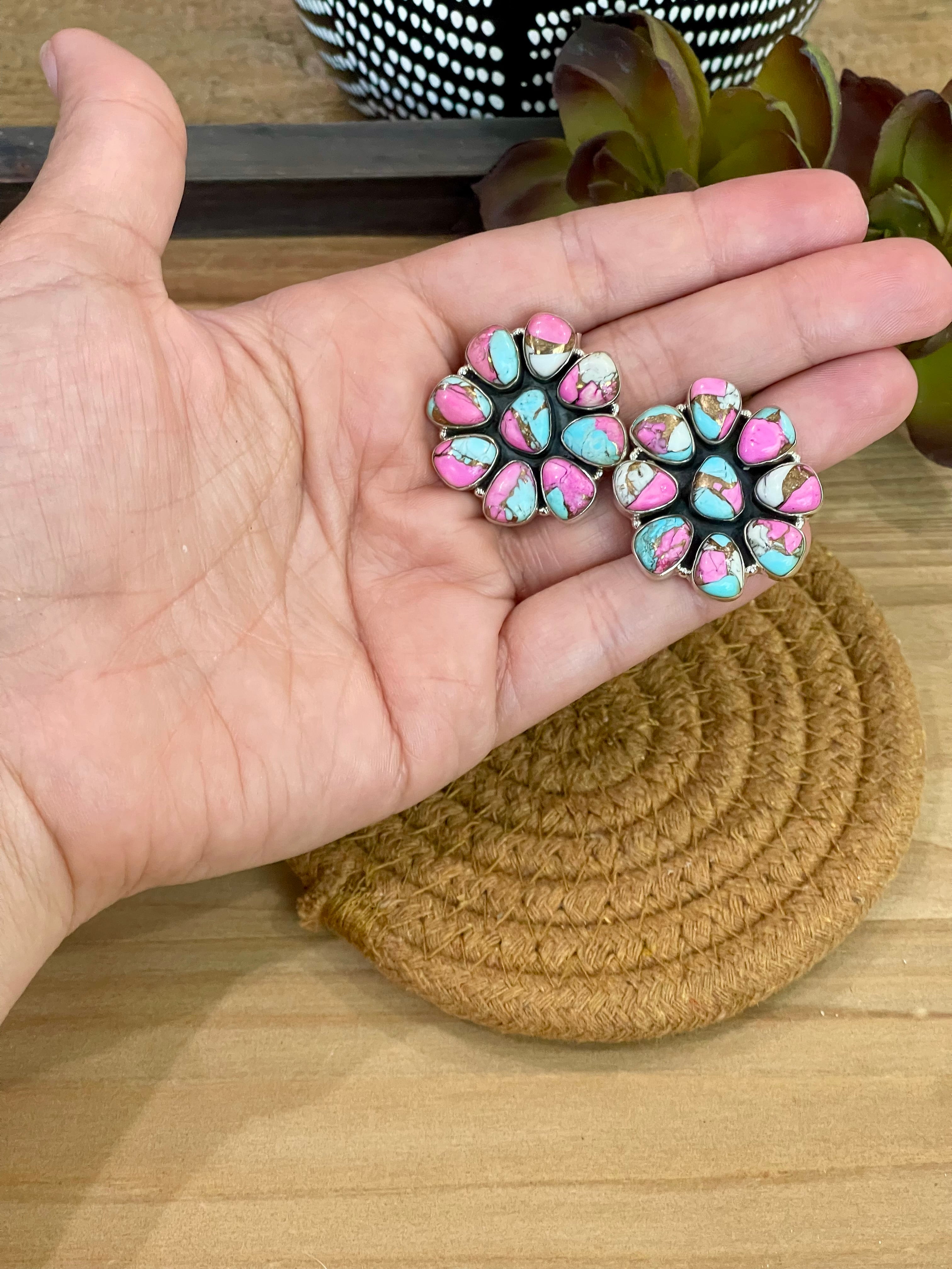 Handmade Sterling Silver Cotton Candy Turquoise Post Earrings with Signed Nizhoni