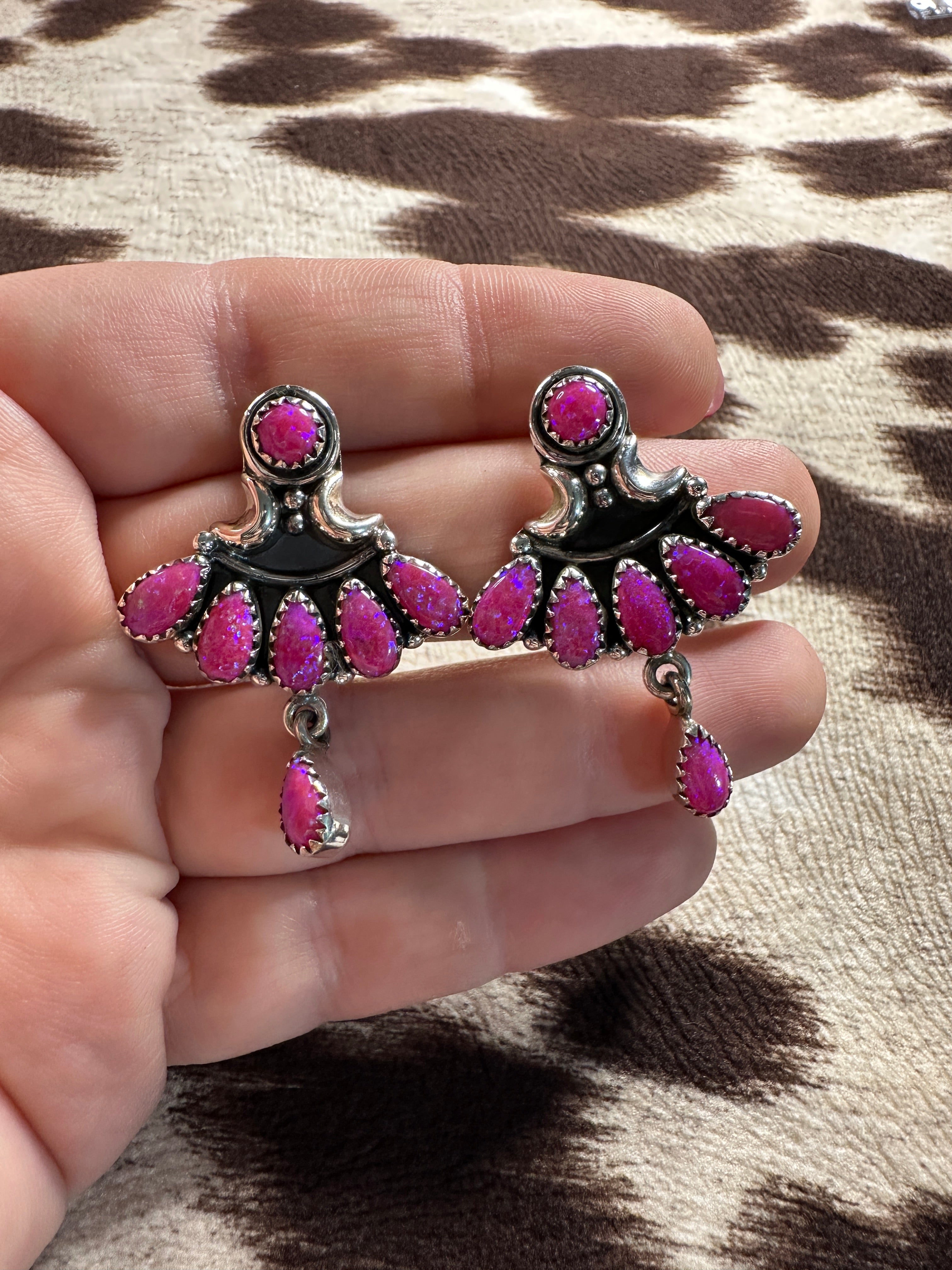 Handmade Hot Pink Fire Opal and Sterling Silver Post Earrings