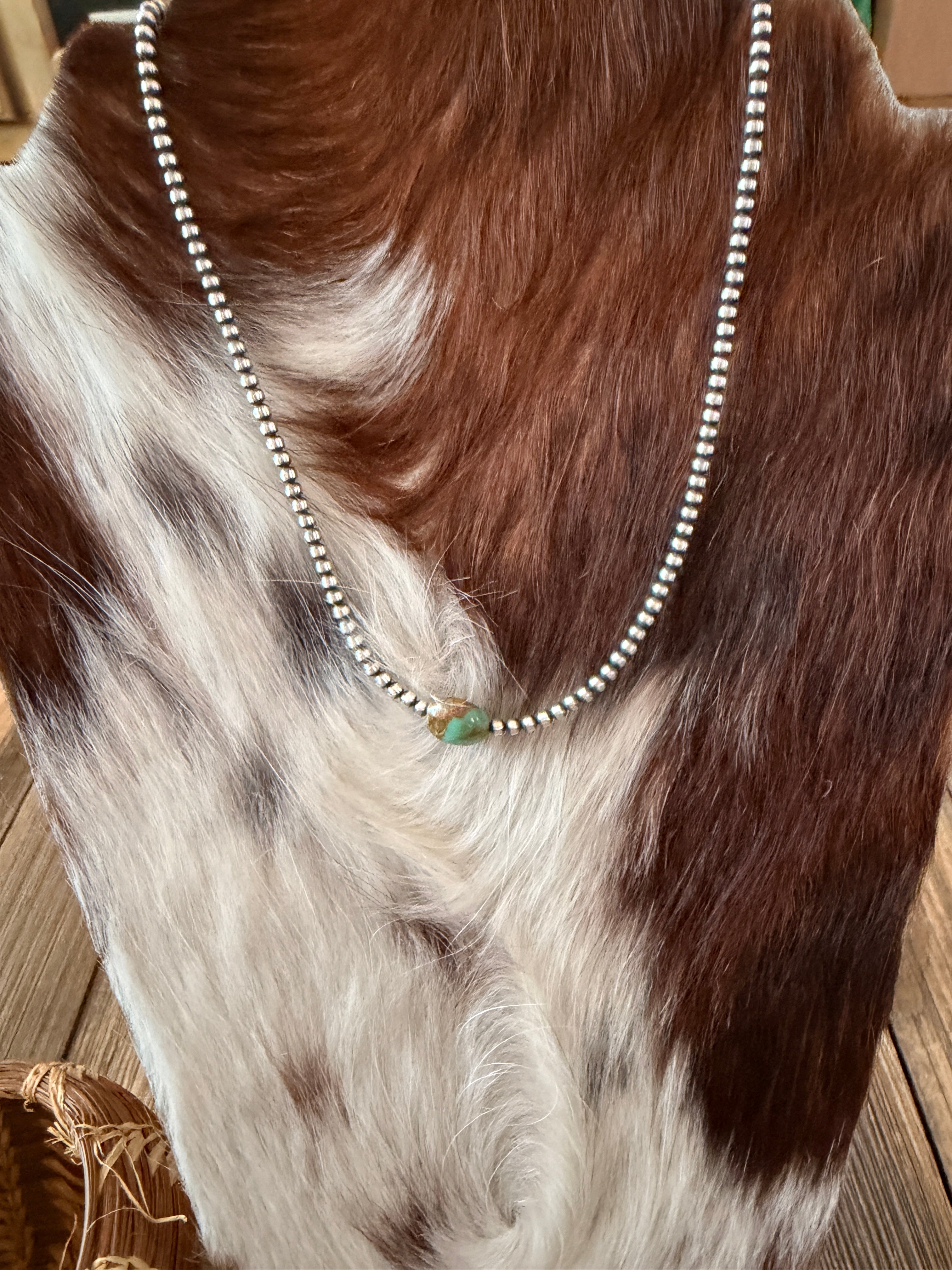 Handcrafted Turquoise & 3mm Sterling Silver Pearl Beaded Necklace